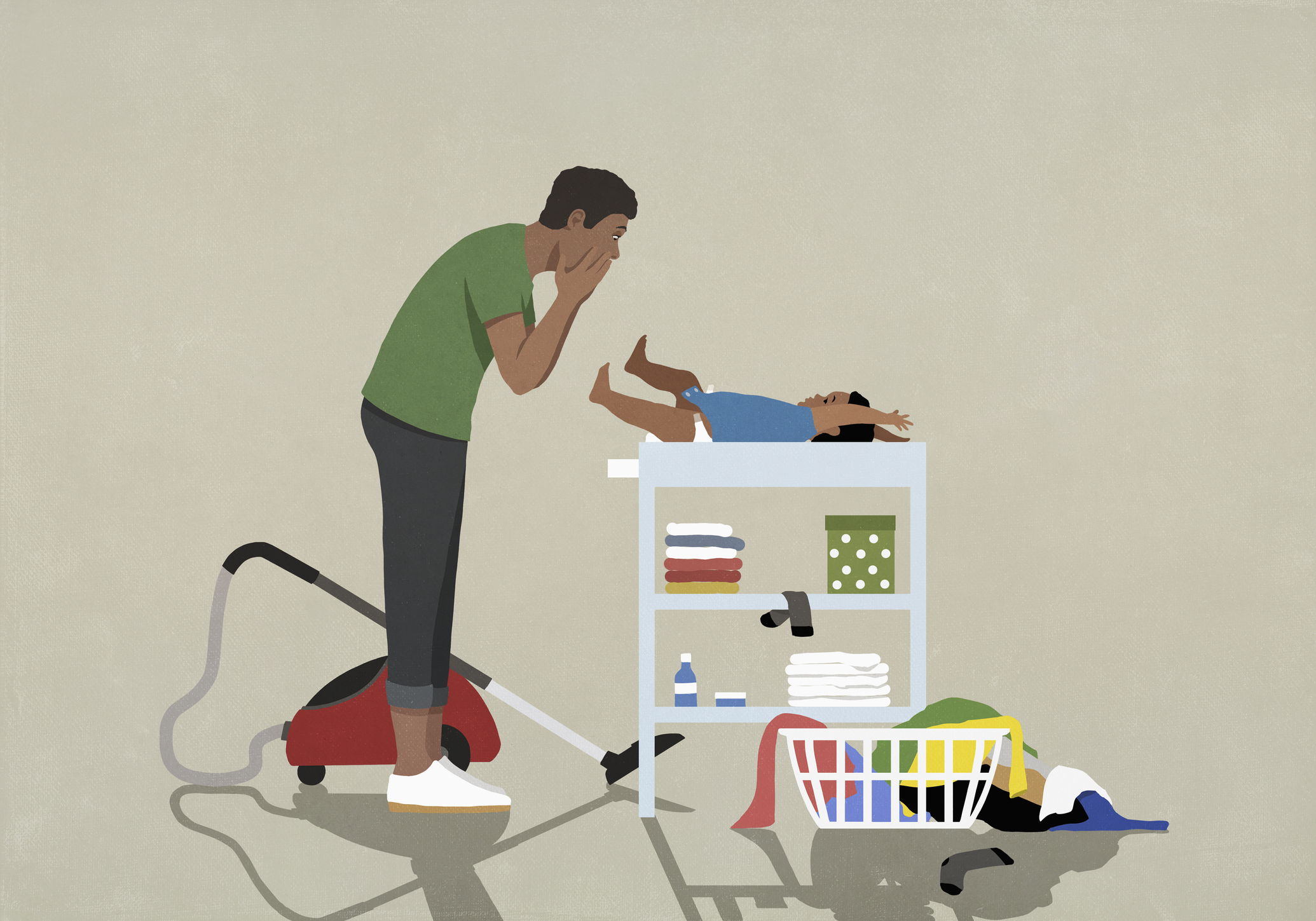 Illustration of a father looking surprised at a baby on a changing table, surrounded by a pile of laundry and a vacuum cleaner.