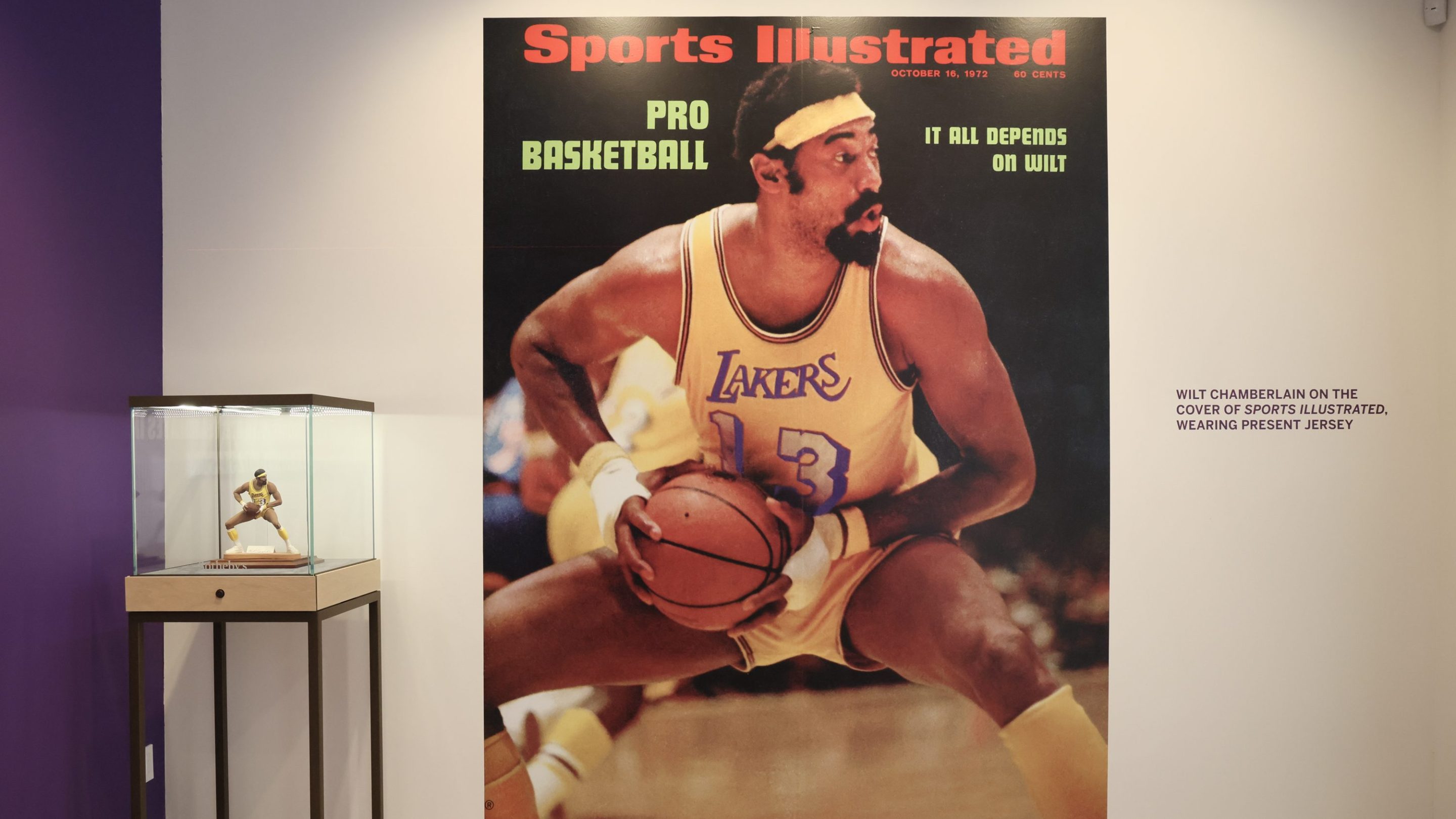October 16, 1972 Sports Illustrated cover and signed limited edition Wilt Chamberlain sports porcelain figurine on display during the press preview at Sotheby's Auction House on August 01, 2023 in Los Angeles, California.