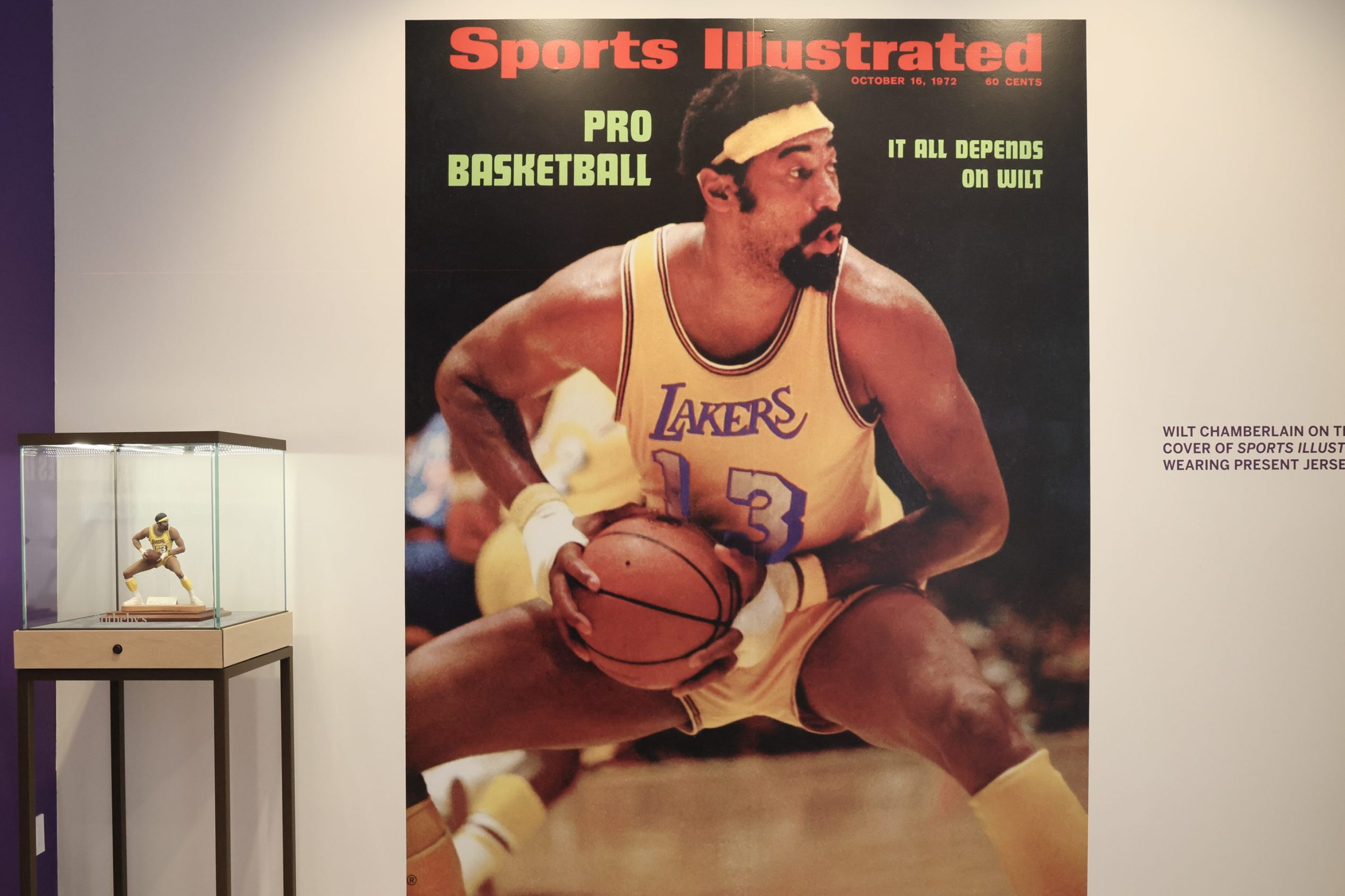 October 16, 1972 Sports Illustrated cover and signed limited edition Wilt Chamberlain sports porcelain figurine on display during the press preview at Sotheby's Auction House on August 01, 2023 in Los Angeles, California.