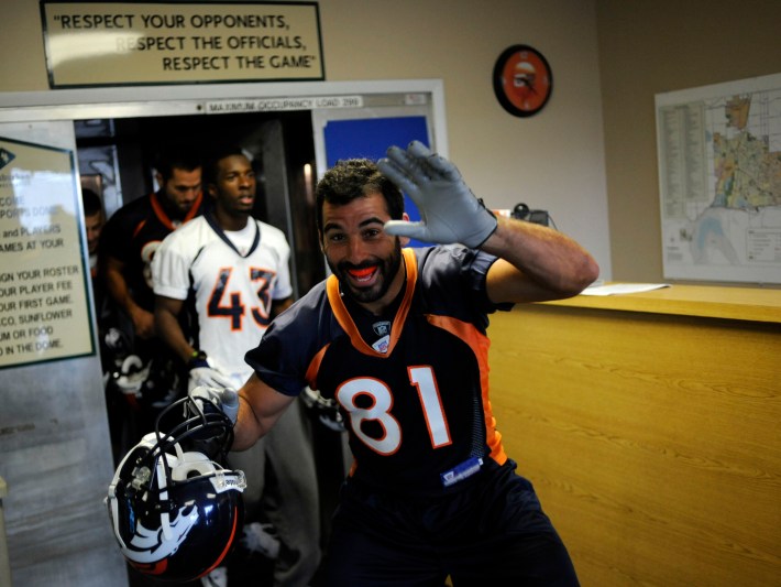 (RM) ENGLEWOOD, COLORADO--AUGUST 15TH--2008--Nate Jackson, Denver Bronco's receiver, happy to end end the last day of training camp which had to be held at the Family Sports Center Friday morning due to rain. THE DENVER POST/ ANDY CROSS (Photo By Andy Cross/The Denver Post via Getty Images)