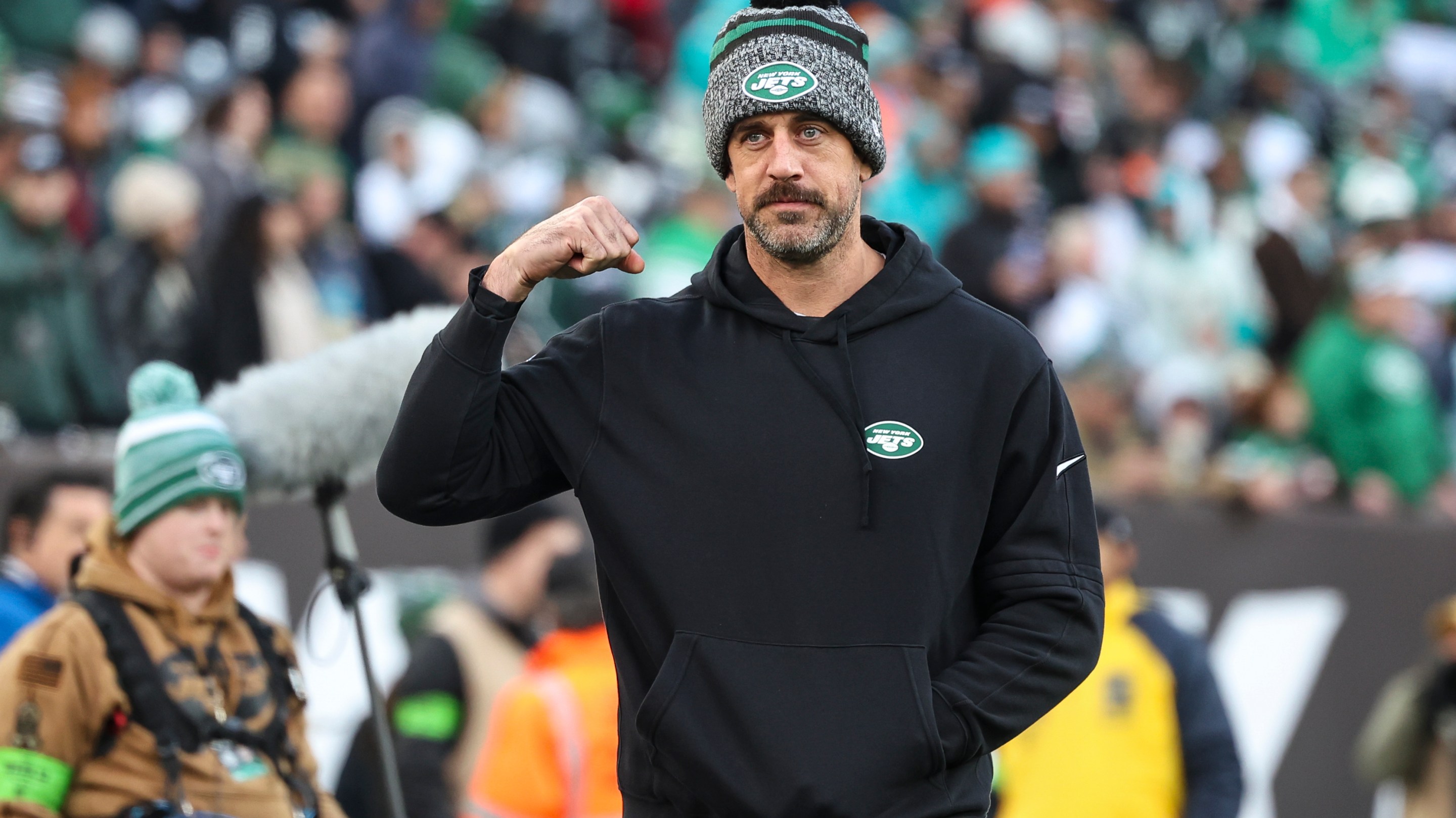 Aaron Rodgers #8 of the New York Jets looks on from the sideline prior to an NFL football game against the Miami Dolphins at MetLife Stadium on November 24, 2023 in East Rutherford, New Jersey.