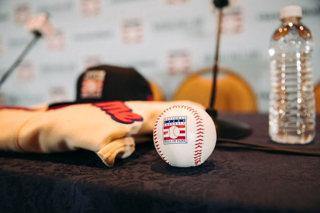 A detail shot of a Hall of Fame baseball during the Hall of Fame Press Conference at the 2023 MLB Winter Meetings at Gaylord Opryland Resort &amp; Convention Center on Monday, December 4, 2023 in Nashville, Tennessee.