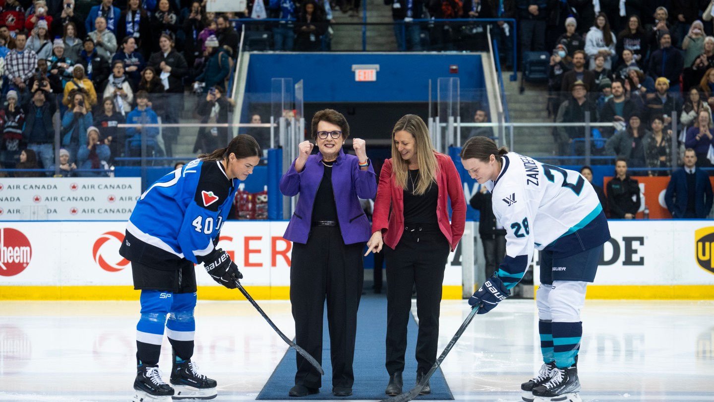 Billie Jean King and Jayna Hefford take part in the ceremonial puck drop with Blayre Turnbull of Toronto and Micah Zandee-Hart of New York before their PWHL hockey game at the Mattamy Athletic Centre on January 1, 2024 in Toronto, Ontario, Canada.