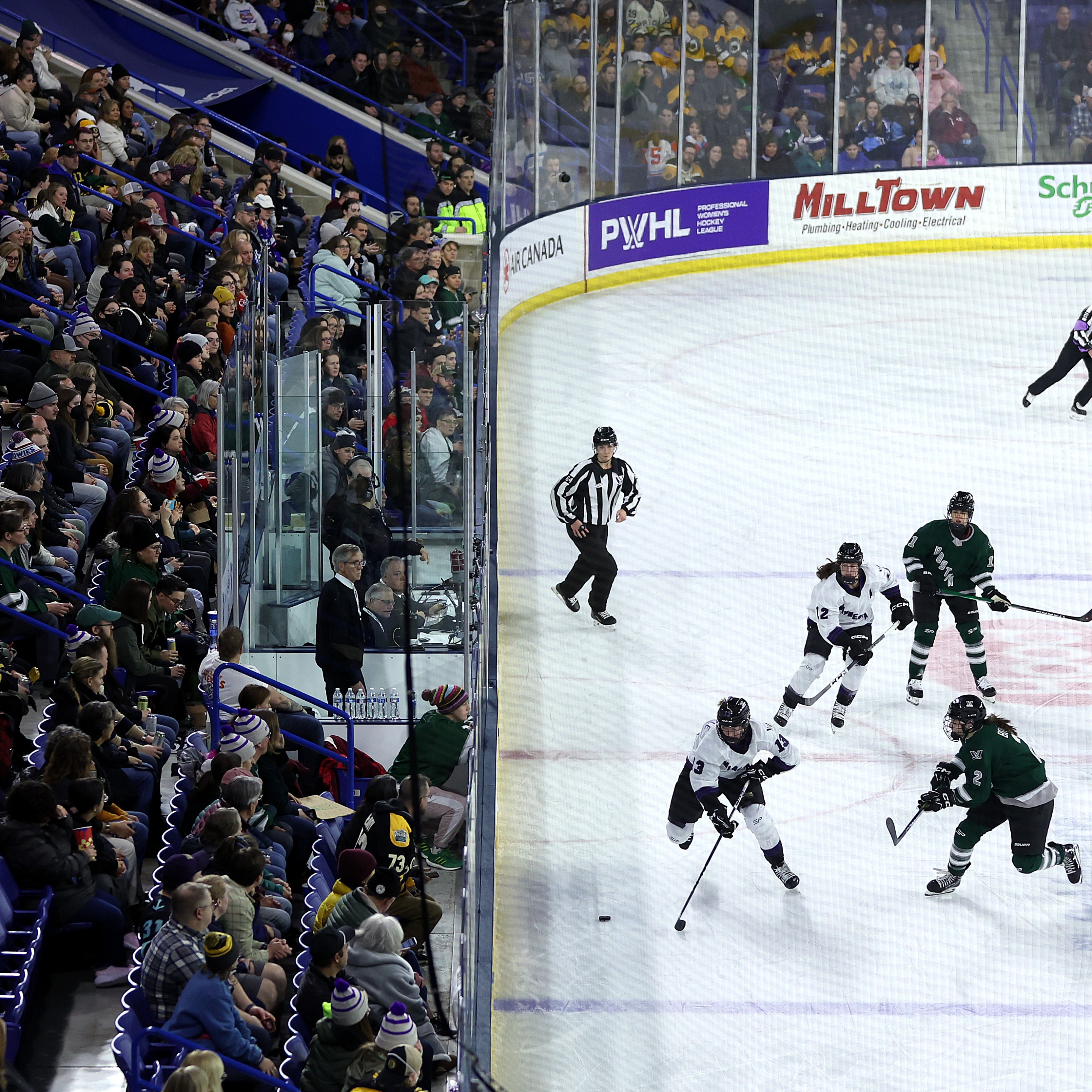 A view of the first period of the PWHL game between Minnesota and Boston at Tsongas Center on January 03, 2024 in Lowell, Massachusetts.