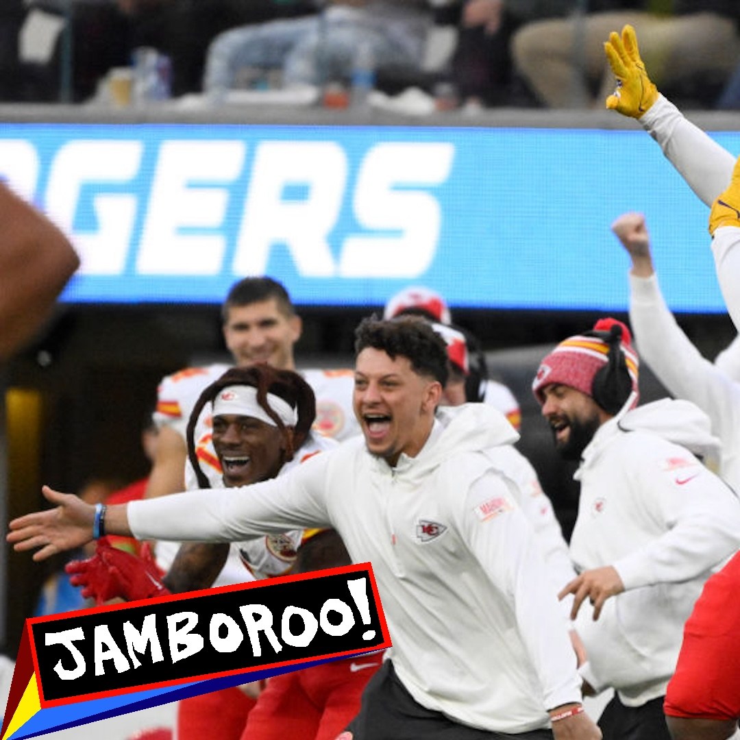 Quarterback Patrick Mahomes, left, along with running back Clyde Edwards-Helaire #25 of the Kansas City Chiefs and teammates react after defensive tackle Chris Jones (not pictured) of the Kansas City Chiefs reacts after sacking quarterback Easton Stick (not pictured) of the Los Angeles Chargers in the second half of a NFL football game at SoFi Stadium in Inglewood on Sunday, January 7, 2024.