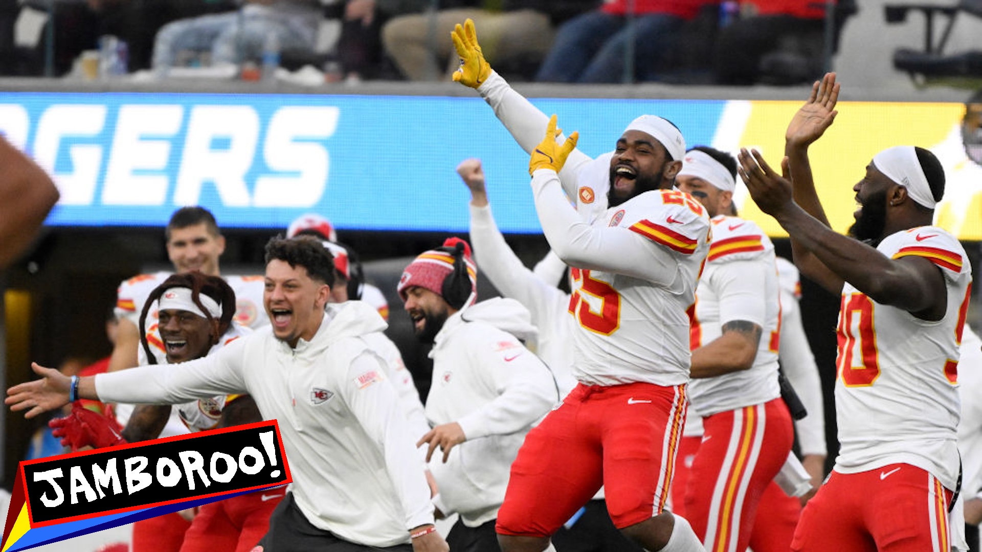 Quarterback Patrick Mahomes, left, along with running back Clyde Edwards-Helaire #25 of the Kansas City Chiefs and teammates react after defensive tackle Chris Jones (not pictured) of the Kansas City Chiefs reacts after sacking quarterback Easton Stick (not pictured) of the Los Angeles Chargers in the second half of a NFL football game at SoFi Stadium in Inglewood on Sunday, January 7, 2024.
