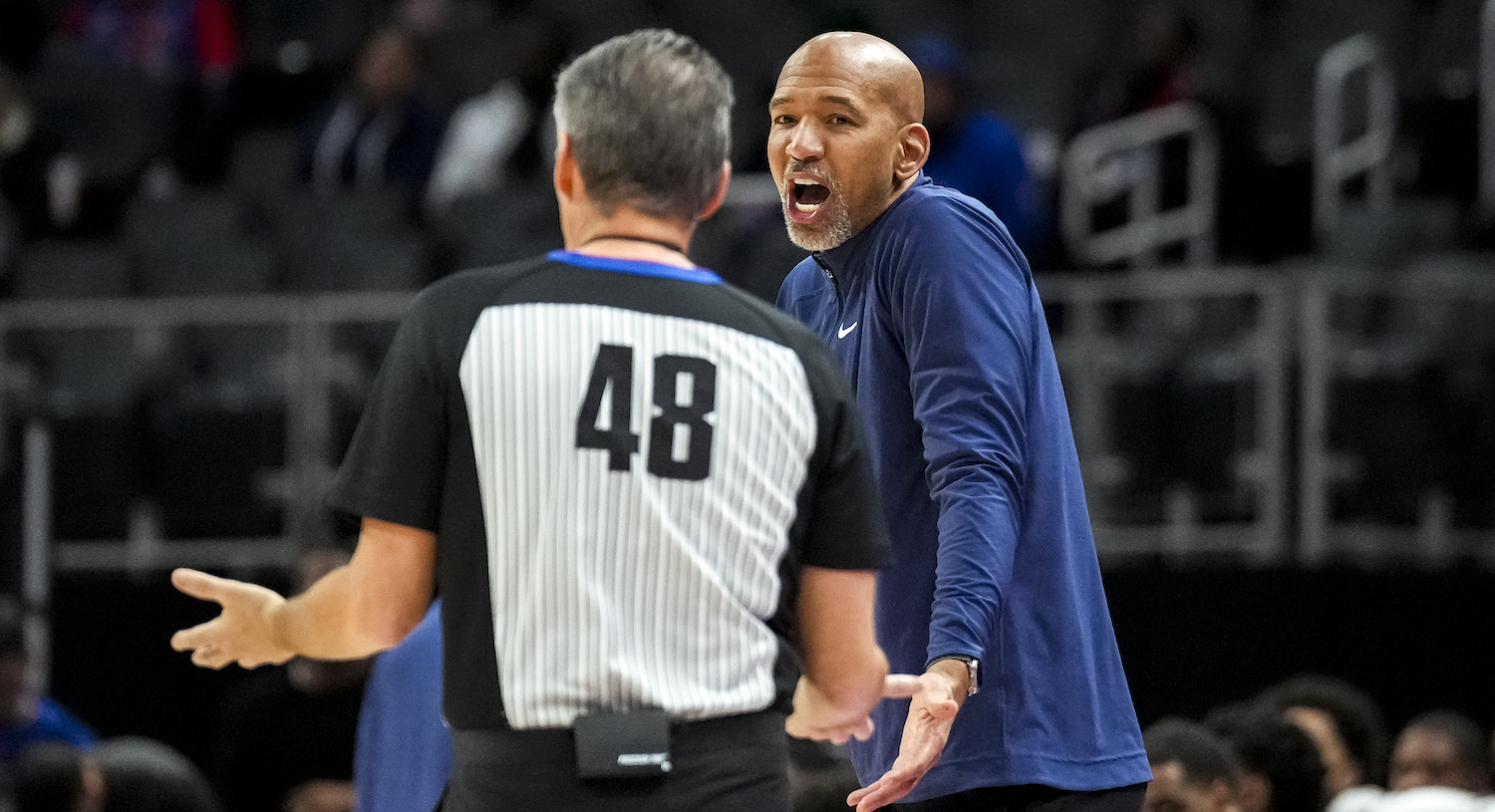 Head Coach Monty Williams of the Detroit Pistons reacts towards referee Scott Foster #48 during the fourth quarter against the Sacramento Kings at Little Caesars Arena on January 09, 2024 in Detroit, Michigan. NOTE TO USER: User expressly acknowledges and agrees that, by downloading and or using this photograph, User is consenting to the terms and conditions of the Getty Images License Agreement. (Photo by Nic Antaya/Getty Images)