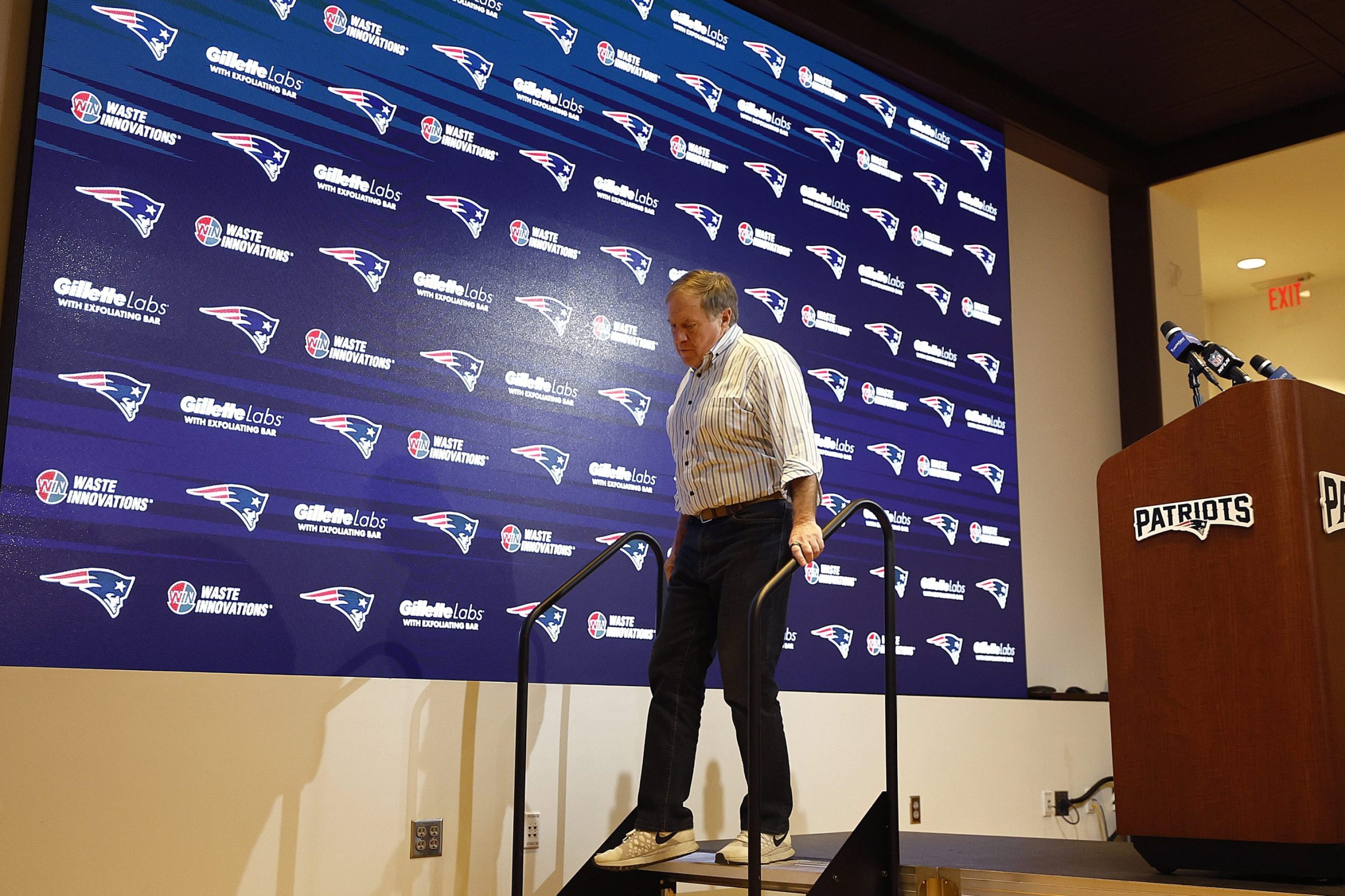 Then-New England Patriots head coach Bill Belichick speaks during a press conference after a game against the New York Jets at Gillette Stadium on January 07, 2024 in Foxborough, Massachusetts.