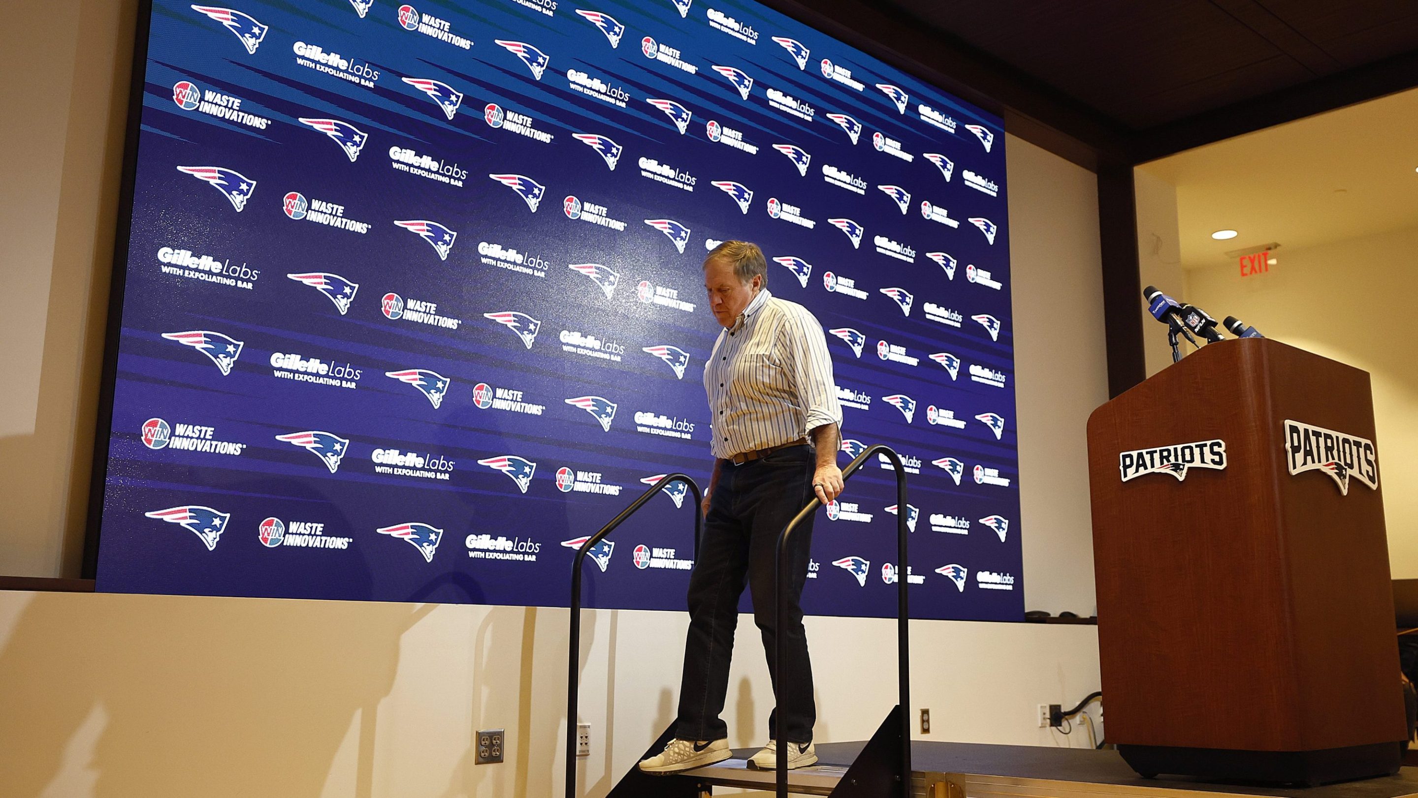 Then-New England Patriots head coach Bill Belichick speaks during a press conference after a game against the New York Jets at Gillette Stadium on January 07, 2024 in Foxborough, Massachusetts.
