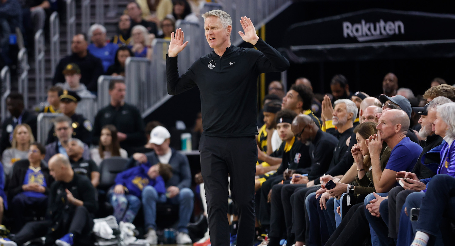 SAN FRANCISCO, CALIFORNIA - JANUARY 07: Golden State Warriors head coach Steve Kerr reacts after a play in the second quarter against the Toronto Raptors at Chase Center on January 07, 2024 in San Francisco, California. NOTE TO USER: User expressly acknowledges and agrees that, by downloading and or using this photograph, User is consenting to the terms and conditions of the Getty Images License Agreement. (Photo by Lachlan Cunningham/Getty Images)