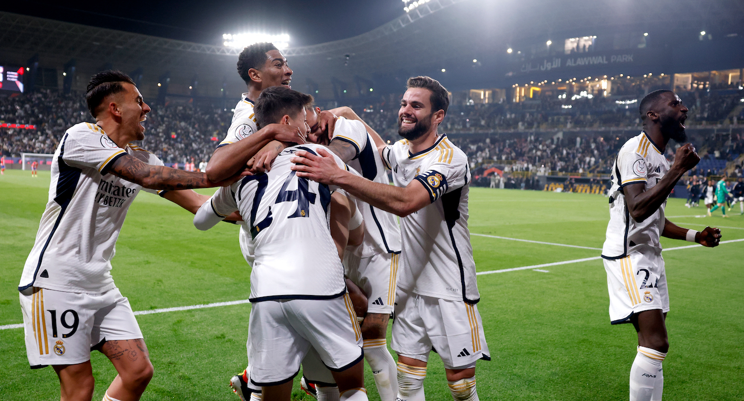 Real Madrid players celebrates after scoring a goal during Real Madrid CF v Atletico Madrid - Super Copa de España Semi-Final on January 10, 2024 in Riyadh, Saudi Arabia.