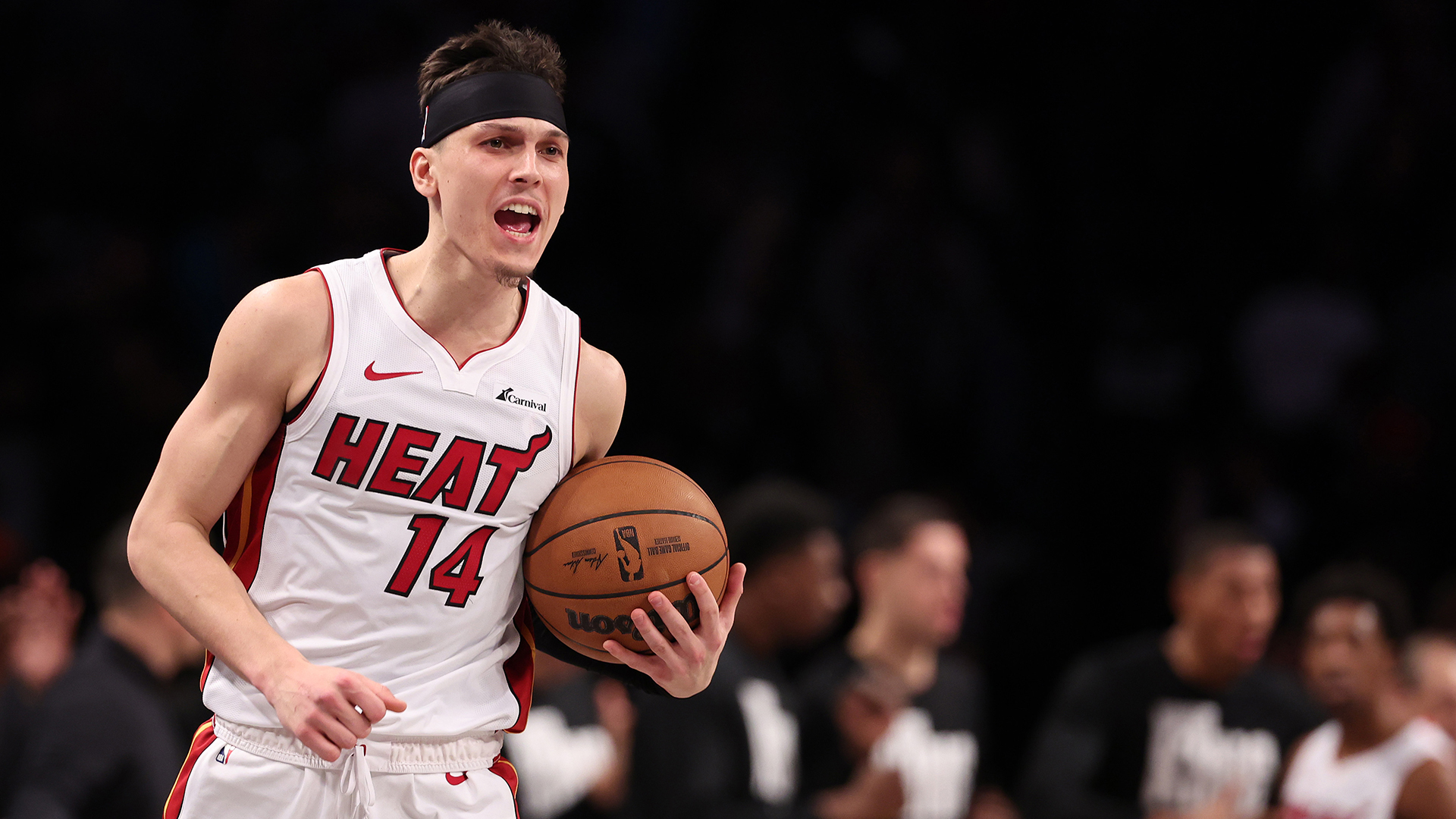 Tyler Herro #14 of the Miami Heat celebrates a 95-94 overtime win against the Brooklyn Nets during their game at Barclays Center on January 15, 2024 in New York City.