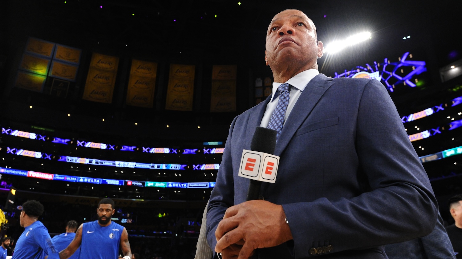 LOS ANGELES, CA - JANUARY 17: Doc Rivers looks on before the Dallas Mavericks vs Los Angeles Lakers game on January 17, 2024 at Crypto.Com Arena in Los Angeles, California. NOTE TO USER: User expressly acknowledges and agrees that, by downloading and/or using this Photograph, user is consenting to the terms and conditions of the Getty Images License Agreement. Mandatory Copyright Notice: Copyright 2024 NBAE (Photo by Andrew D. Bernstein/NBAE via Getty Images)