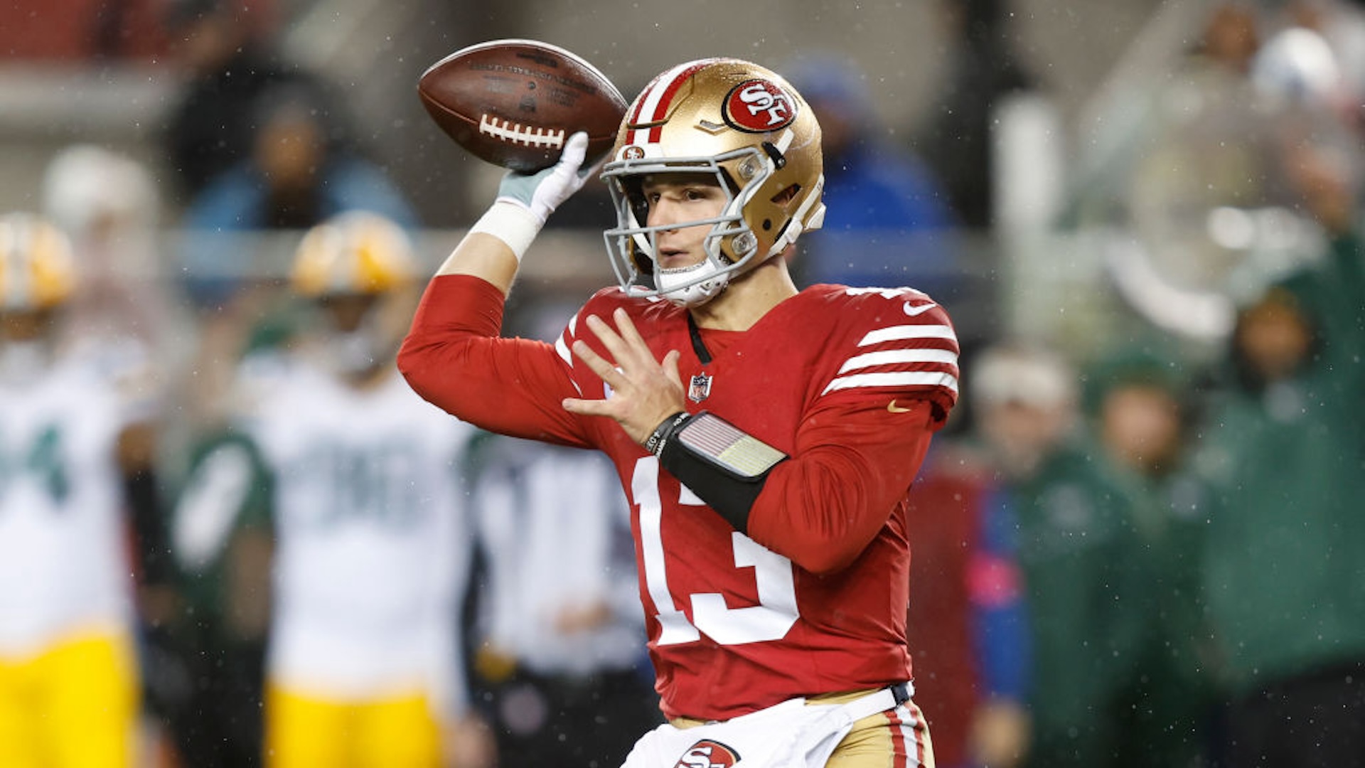Brock Purdy #13 of the San Francisco 49ers throws a pass during the first half against the Green Bay Packers in the NFC Divisional Playoffs at Levi's Stadium on January 20, 2024 in Santa Clara, California.