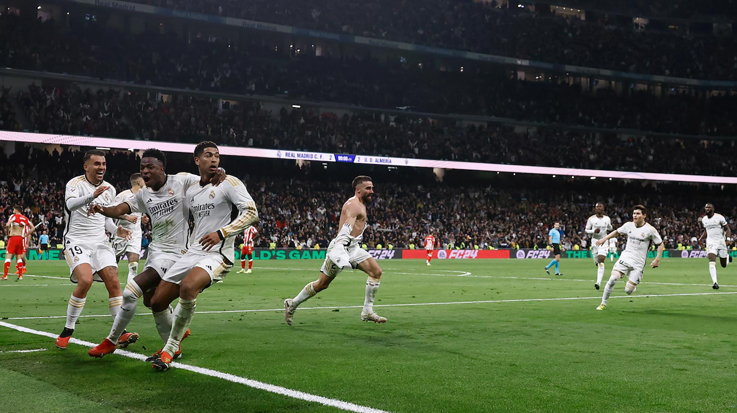 Real Madrid players celebrates after Daniel Carvajal goal during the LaLiga EA Sports match between Real Madrid CF and UD Almeria at Estadio Santiago Bernabeu on January 21, 2024 in Madrid, Spain.