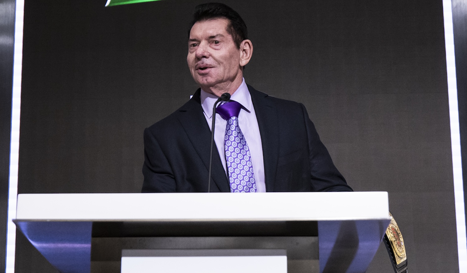 January 23rd, 2024. New York Stock Exchange Ceremony Announcing Dwayne "The Rock" Johnson has joined the Board of Directors for TKO. New York, New York. Vince McMahon at the podium.