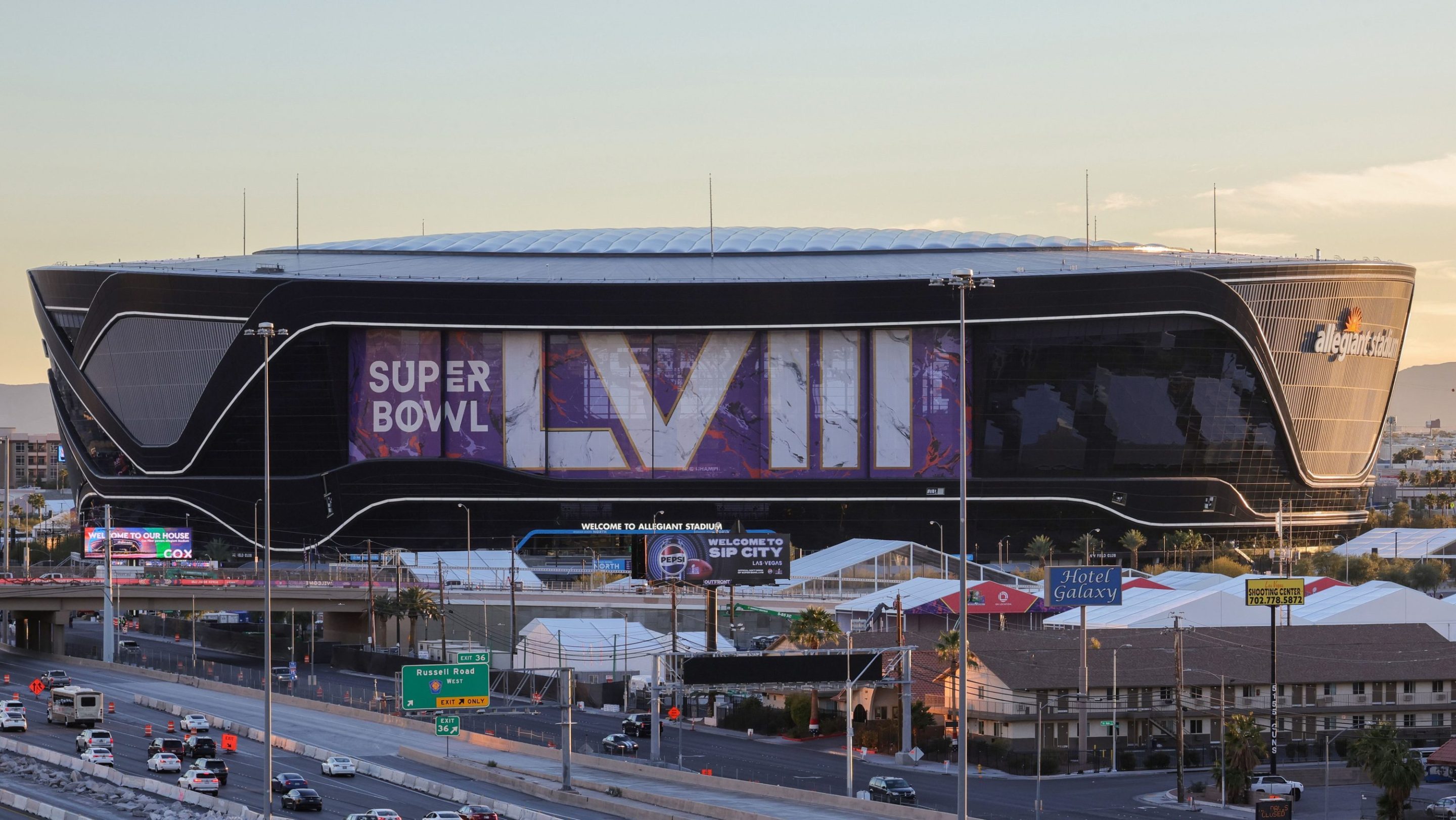 An exterior view shows signage for Super Bowl LVIII at Allegiant Stadium on January 30, 2024 in Las Vegas, Nevada. The game will be played on February 11, 2024, between the Kansas City Chiefs and the San Francisco 49ers.