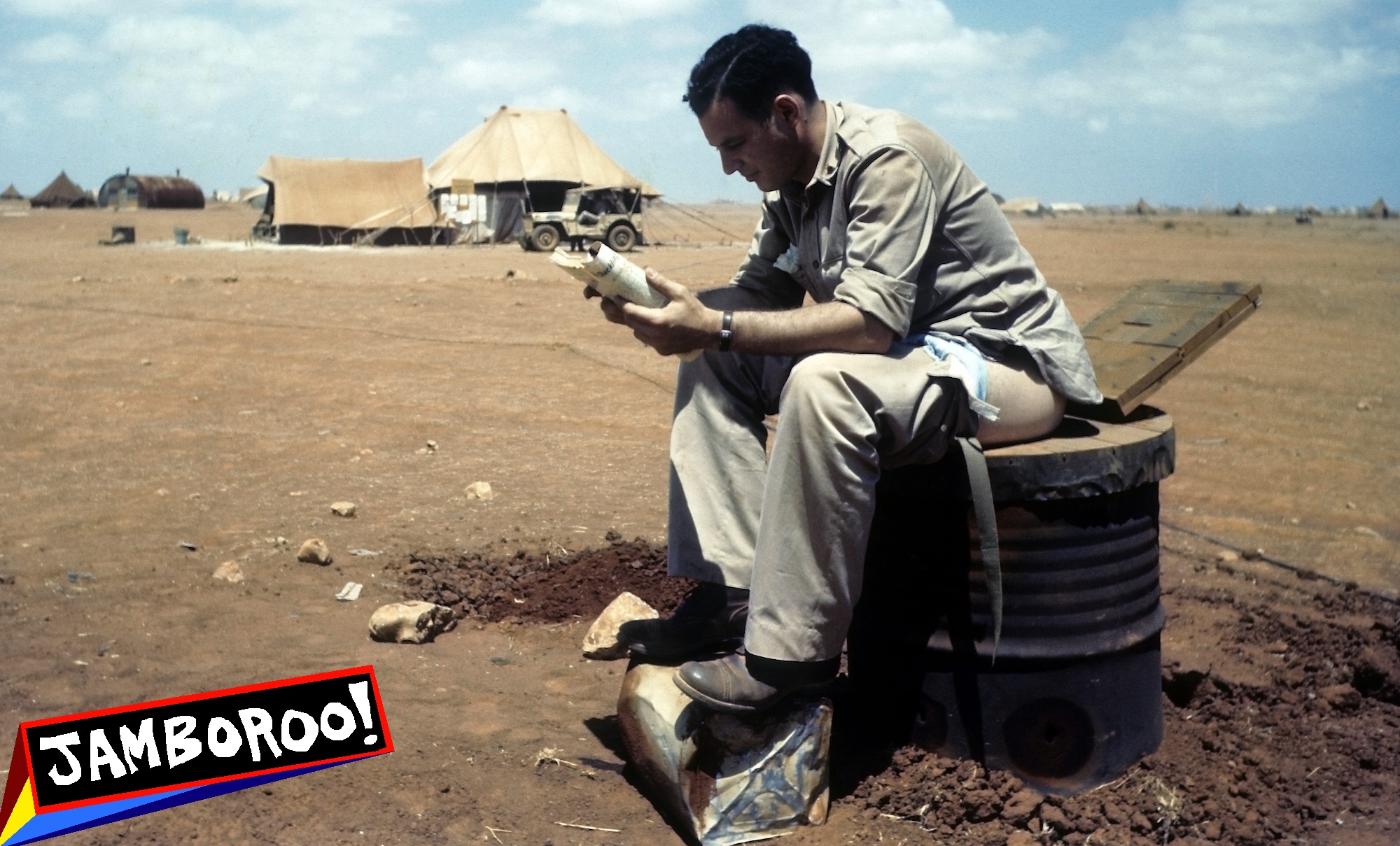 BENGHAZI, LIBYA - AUGUST 8,1943: A view as a soldier sits at the latrine at the U.S Air Force base in Benghazi, Libya. (Photo by Ivan Dmitri/Michael Ochs Archives/Getty Images)