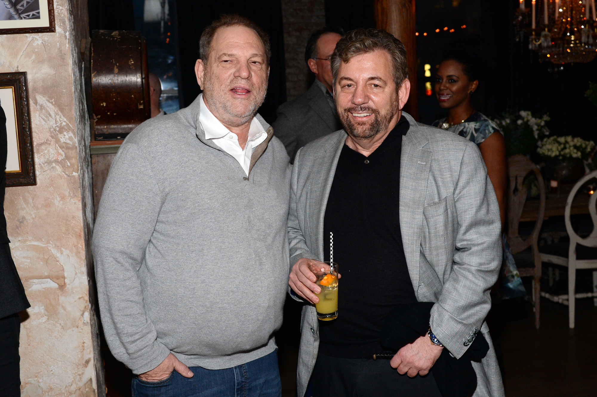 Harvey Weinstein and James Dolan at House of Elyx on December 13, 2015 in New York City. Dolan has a drink in his hand.