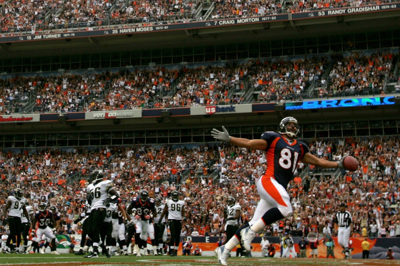 DENVER - SEPTEMBER 23: Nate Jackson #81 of the Denver Broncos celebrates his second quarter touchdown reception against the Jacksonville Jaguars during week three NFL action at Invesco Field at Mile High on September 23, 2007 in Denver, Colorado. The Jaguars defeated the Broncos 23-14. (Photo by Doug Pensinger/Getty Images)