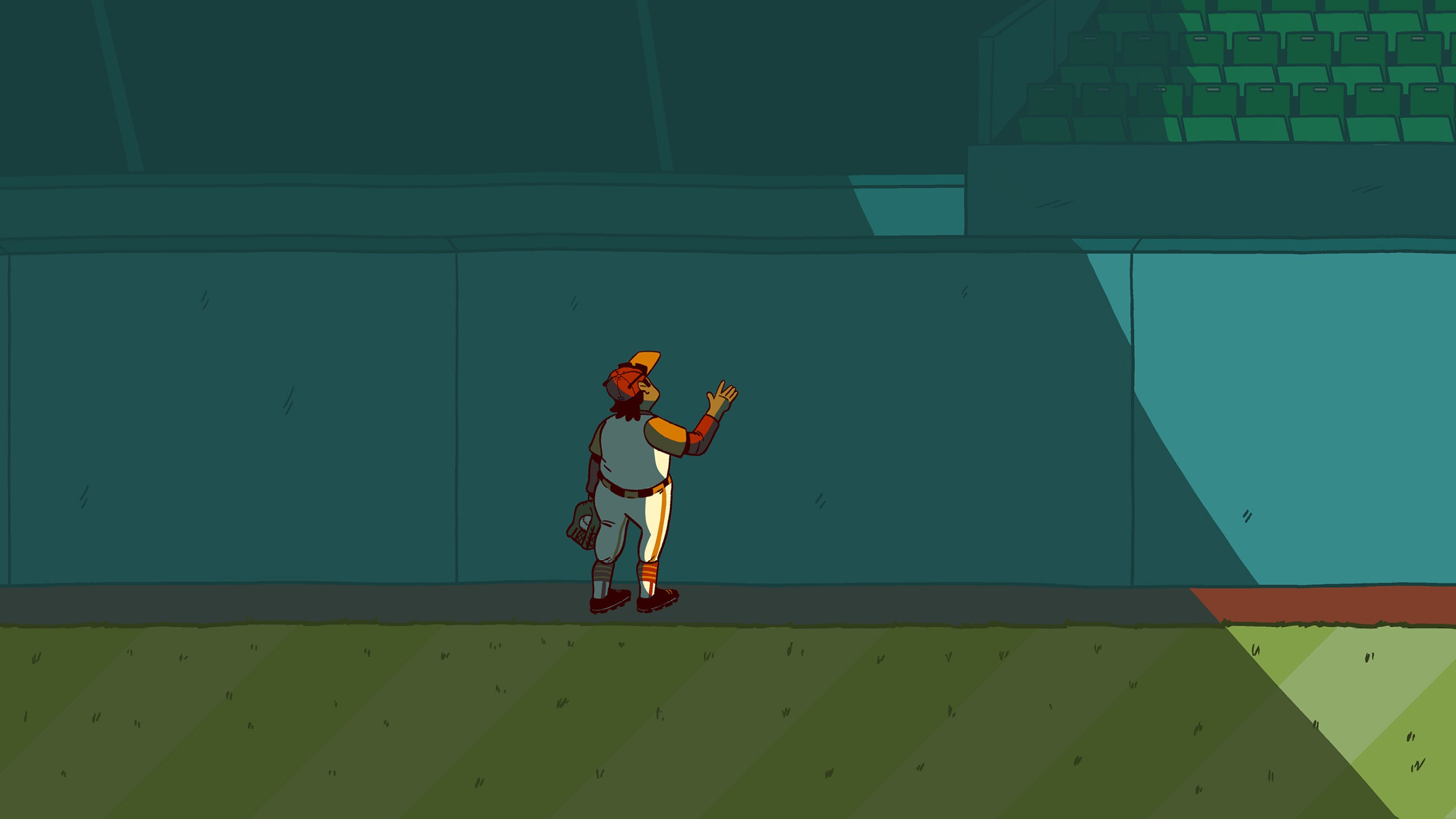 A cartoon of an outfield wall with an encroaching shadow over the player standing looking at it. It feels dark and desolate. The baseball stadium is empty.