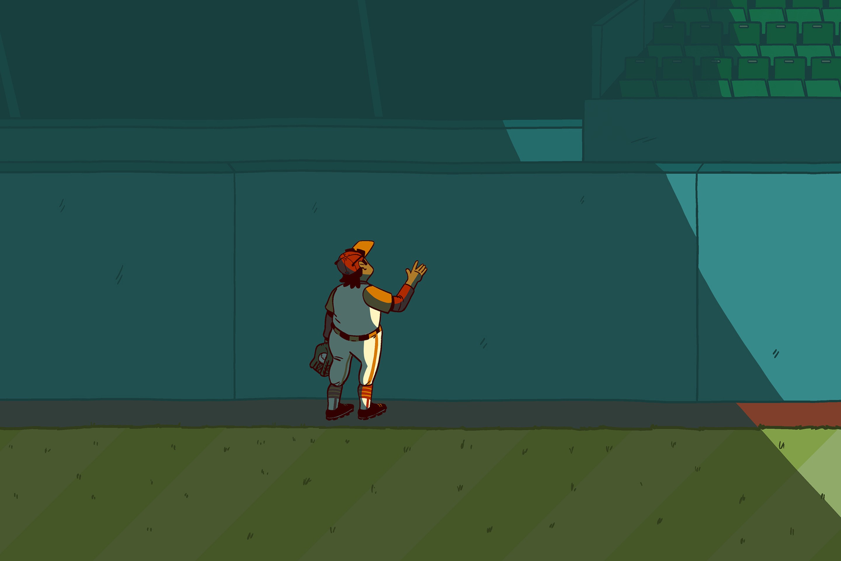 A cartoon of an outfield wall with an encroaching shadow over the player standing looking at it. It feels dark and desolate. The baseball stadium is empty.