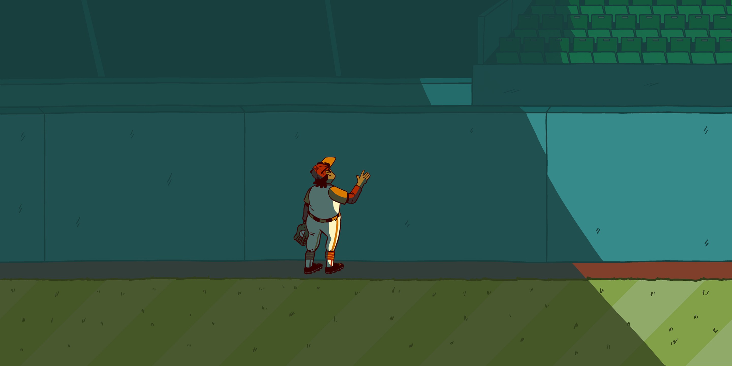A cartoon of an outfield wall with an encroaching shadow over the player standing looking at it. It feels dark and desolate. The baseball stadium is empty.