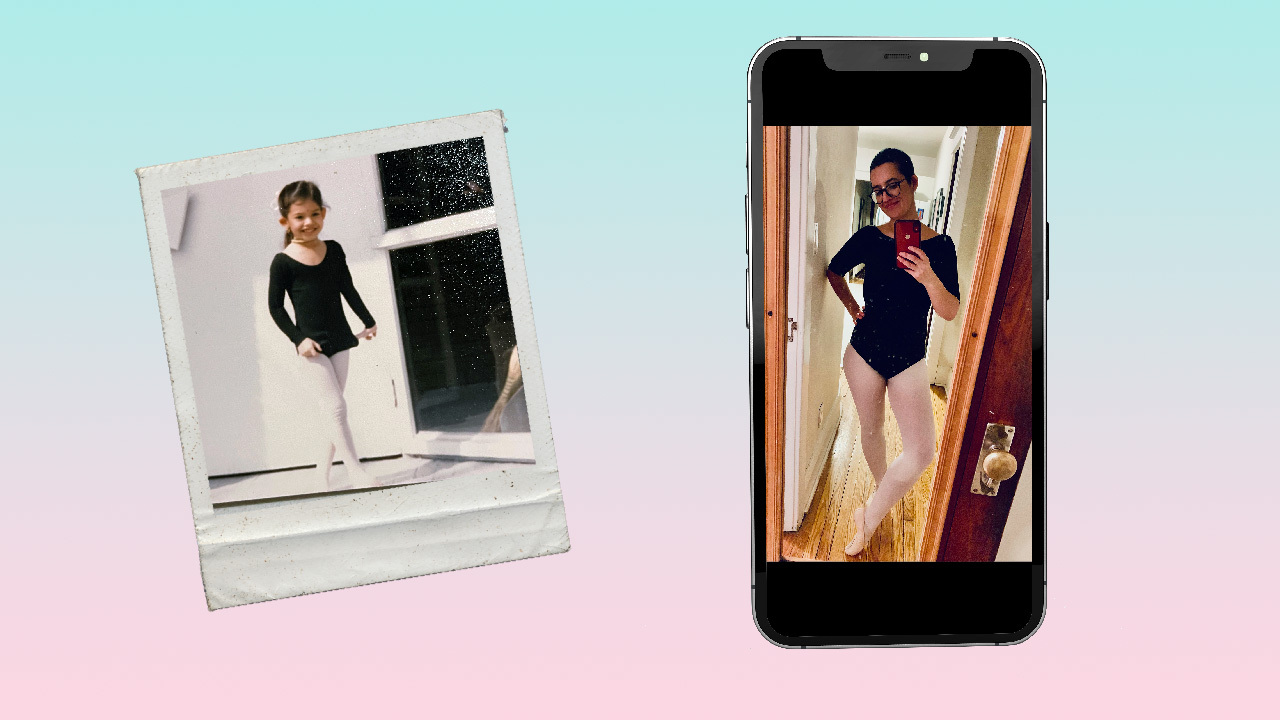 A childhood photo of the author during ballet class next to a current photo of her wearing her ballet clothes