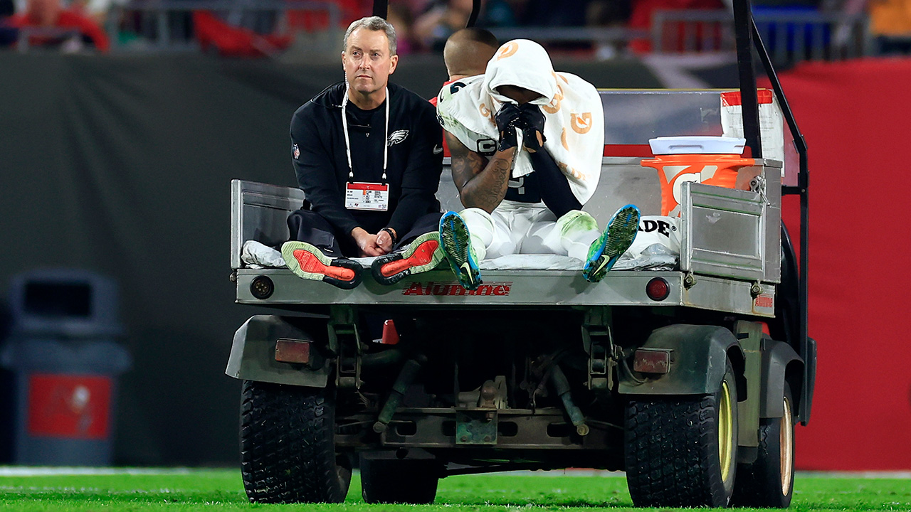 TAMPA, FLORIDA - JANUARY 15: Darius Slay #2 of the Philadelphia Eagles is carted off the field against the Tampa Bay Buccaneers during the fourth quarter in the NFC Wild Card Playoffs at Raymond James Stadium on January 15, 2024 in Tampa, Florida.