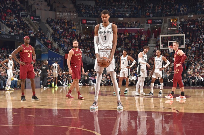 CLEVELAND, OH - JANUARY 7: Victor Wembanyama #1 of the San Antonio Spurs prepares to shoot a free throw against the Cleveland Cavaliers on January 7, 2024 at Rocket Mortgage FieldHouse in Cleveland, Ohio.