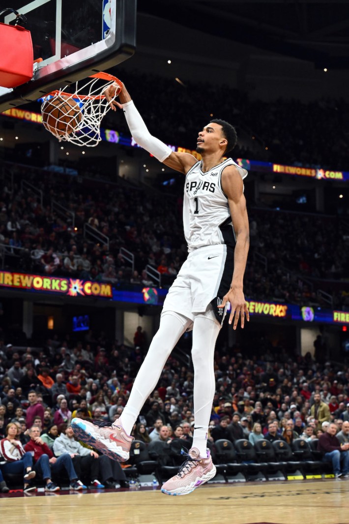 CLEVELAND, OHIO - JANUARY 07: Victor Wembanyama #1 of the San Antonio Spurs dunks during the third quarter against the Cleveland Cavaliers at Rocket Mortgage Fieldhouse on January 07, 2024 in Cleveland, Ohio. The Cavaliers defeated the Spurs 117-115.