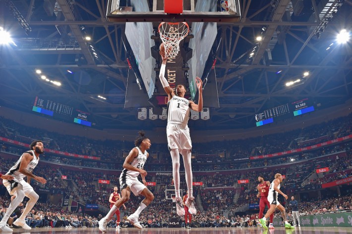 CLEVELAND, OH - JANUARY 7: Victor Wembanyama #1 of the San Antonio Spurs rebounds during the game against the Cleveland Cavaliers on January 7, 2024 at Rocket Mortgage FieldHouse in Cleveland, Ohio.