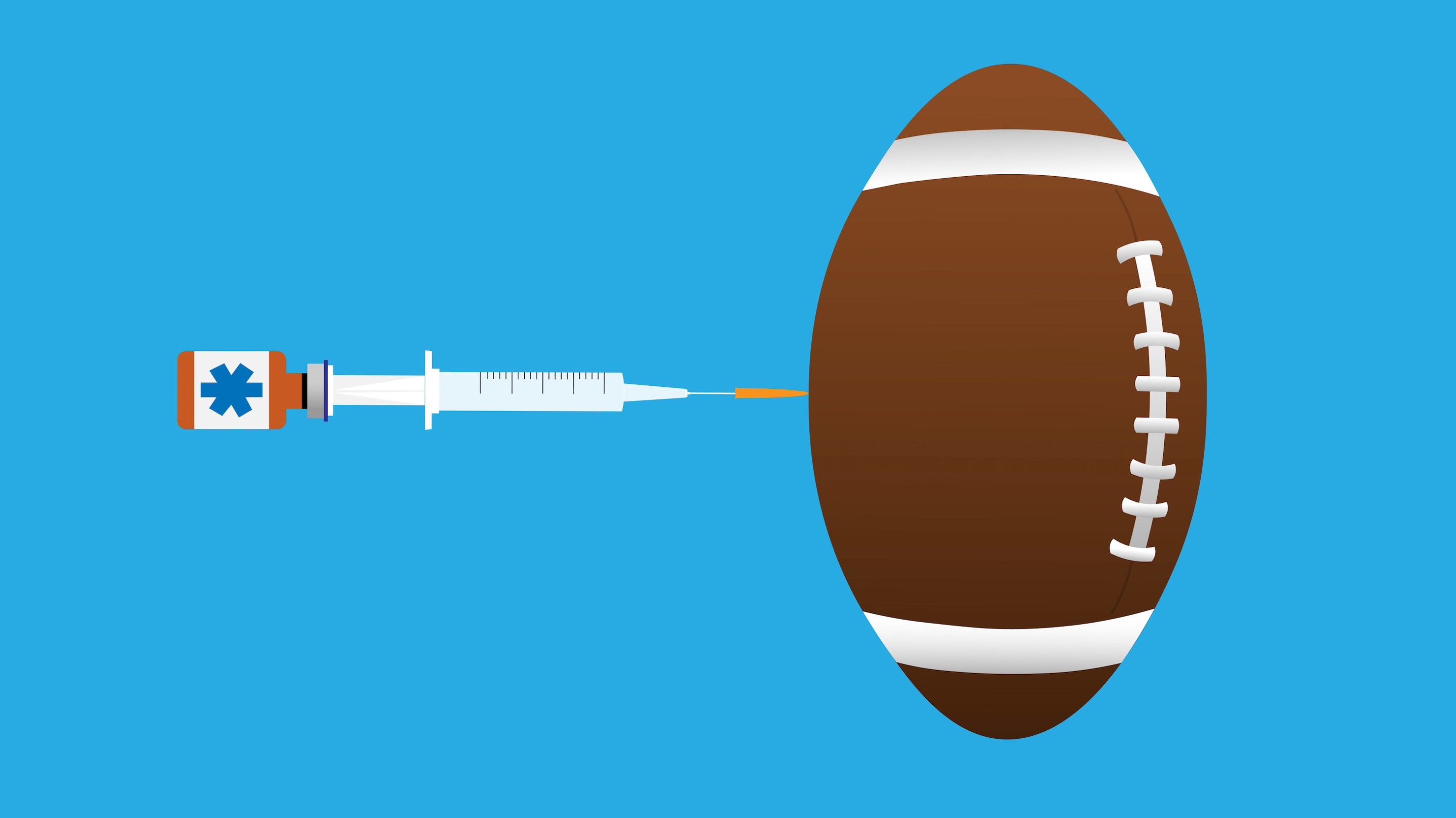 A football is being balanced on top of a syringe and vaccine vial.