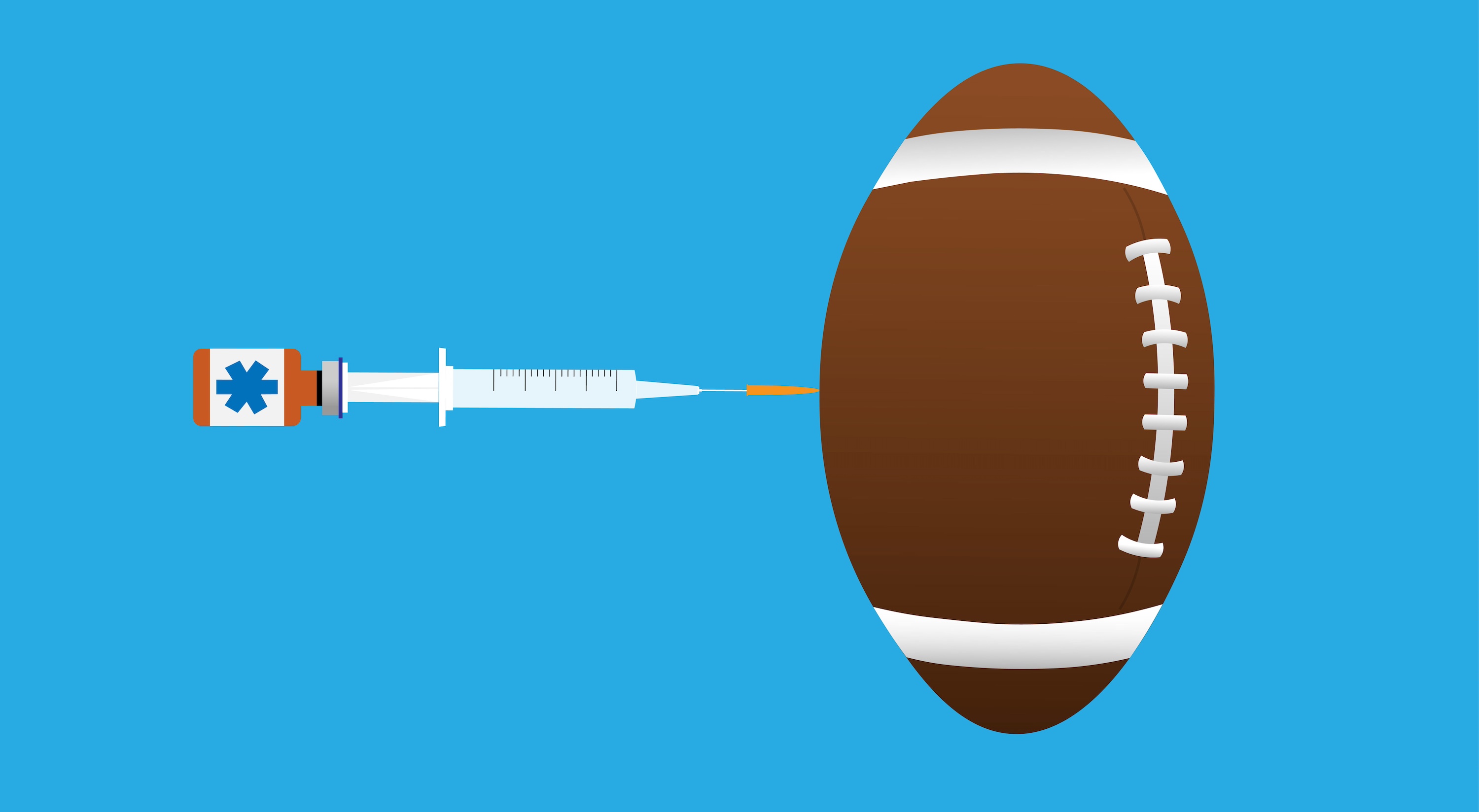 A football is being balanced on top of a syringe and vaccine vial.