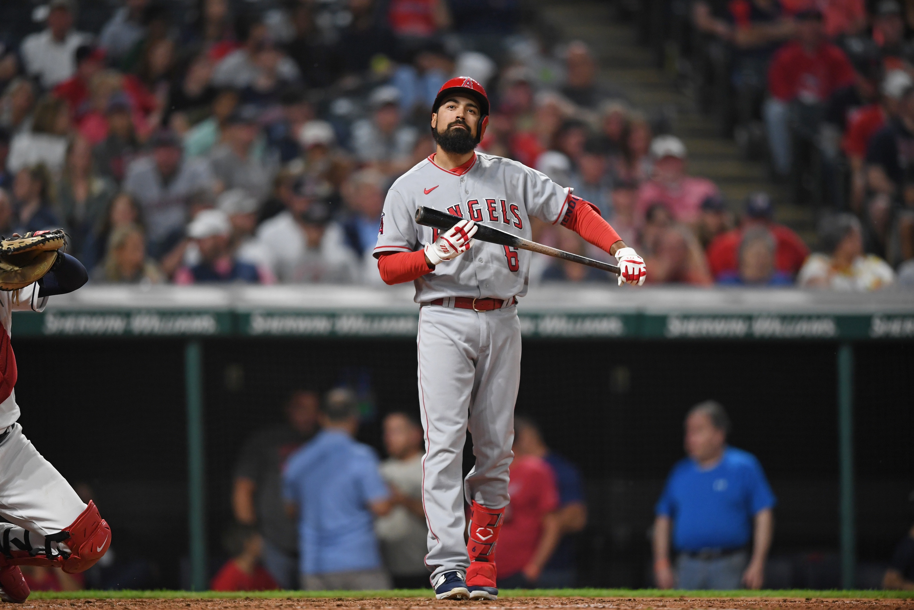 Anthony Rendon walks away from the plate with a faraway, faintly sad look on his face after striking out against Cleveland in a game in May of 2023.