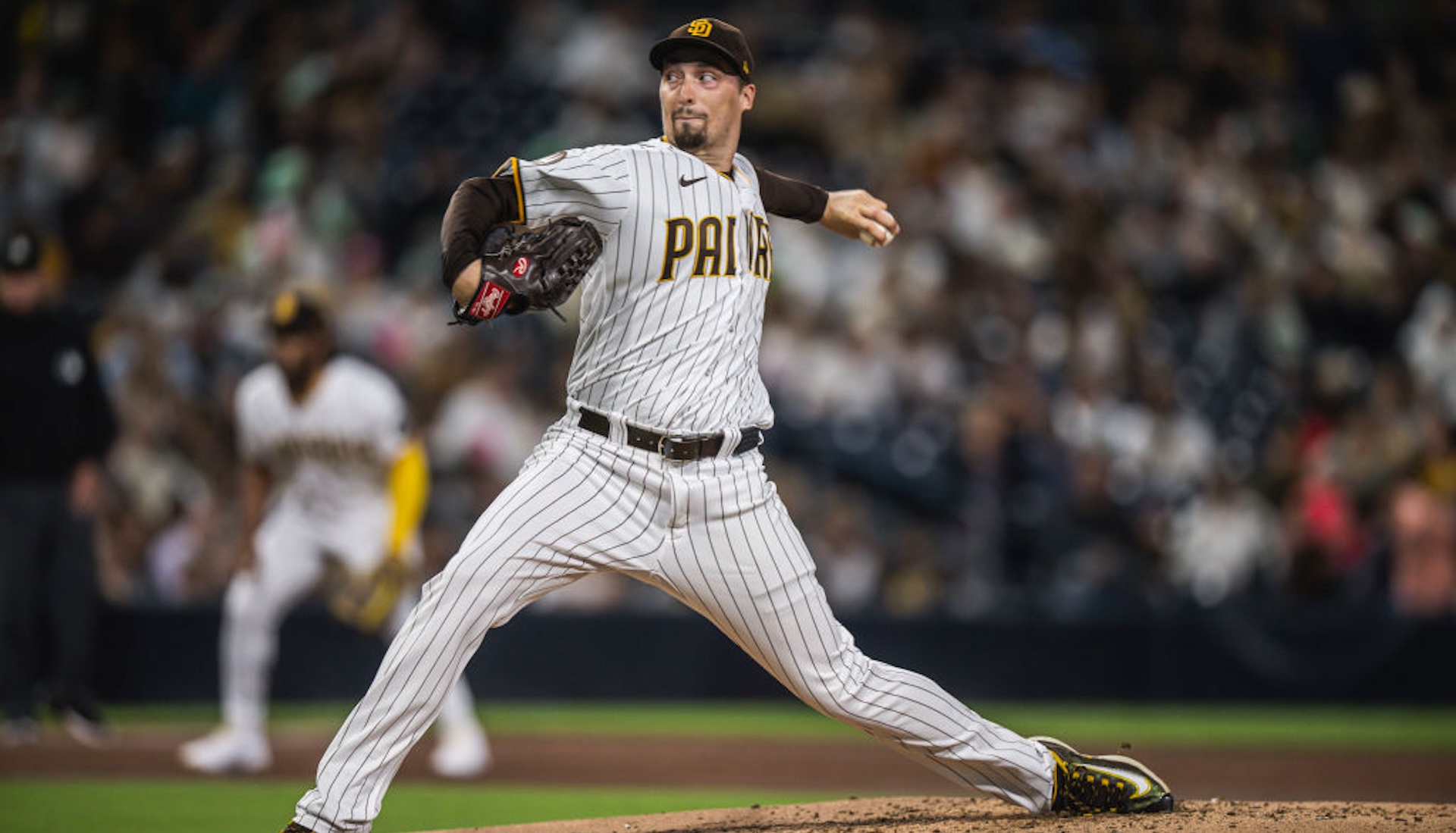 Blake Snell #4 of the San Diego Padres pitches in the fourth inning against the Colorado Rockies on September 19, 2023 at Petco Park in San Diego, California.