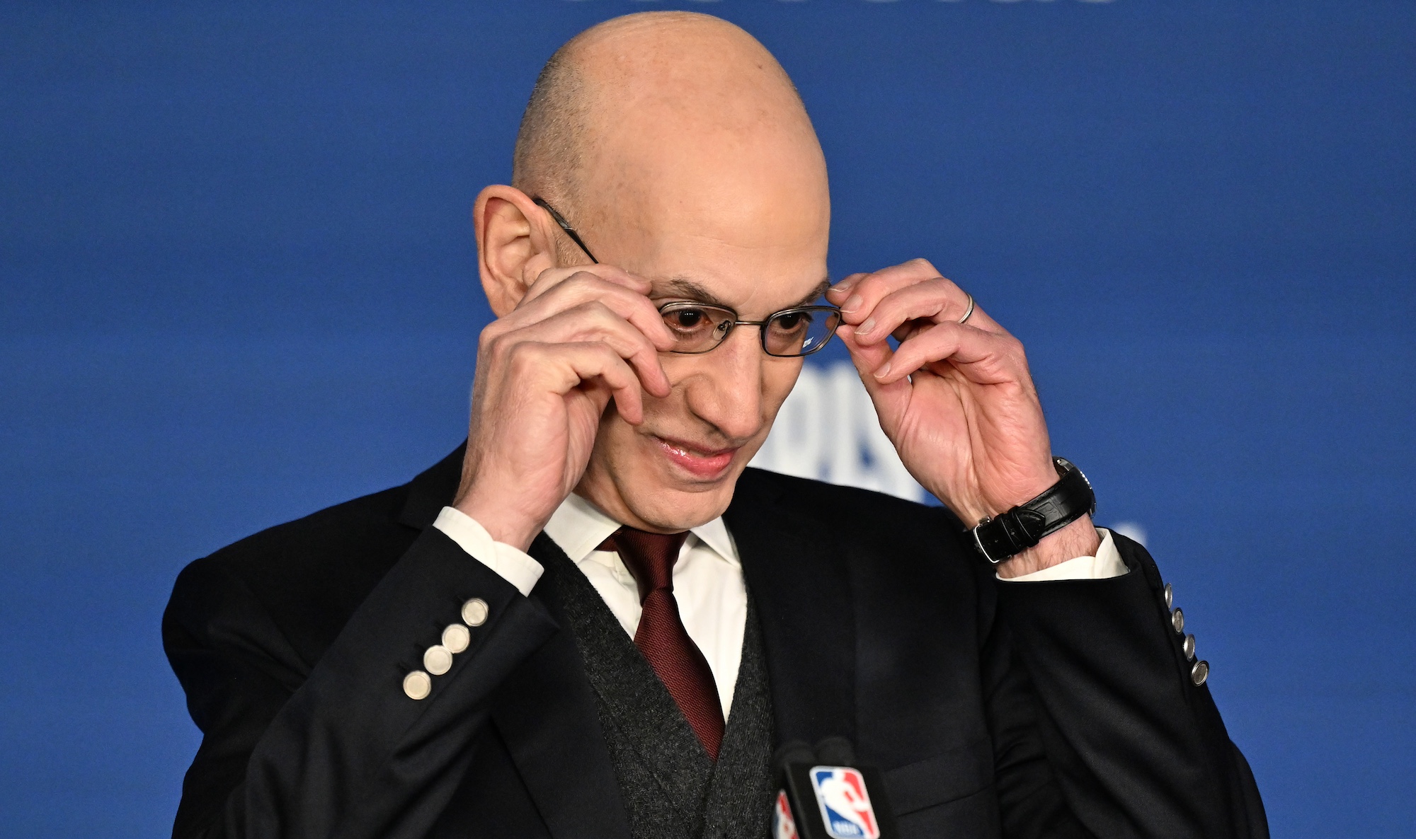 PARIS, FRANCE - JANUARY 11: NBA commissioner Adam Silver speaks during a press conference ahead of the Paris Game 2024 match between Brooklyn Nets and Cleveland Cavaliers at Accor Arena in Paris, France on January 11, 2024. (Photo by Mustafa Yalcin/Anadolu via Getty Images)