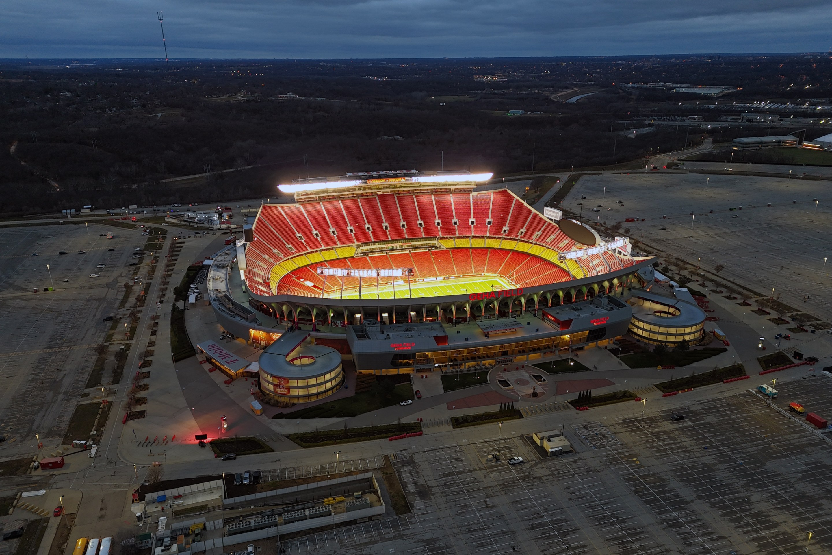 A general overall aerial view of Arrowhead Stadium on December 25, 2023 in Kansas City, Missouri.