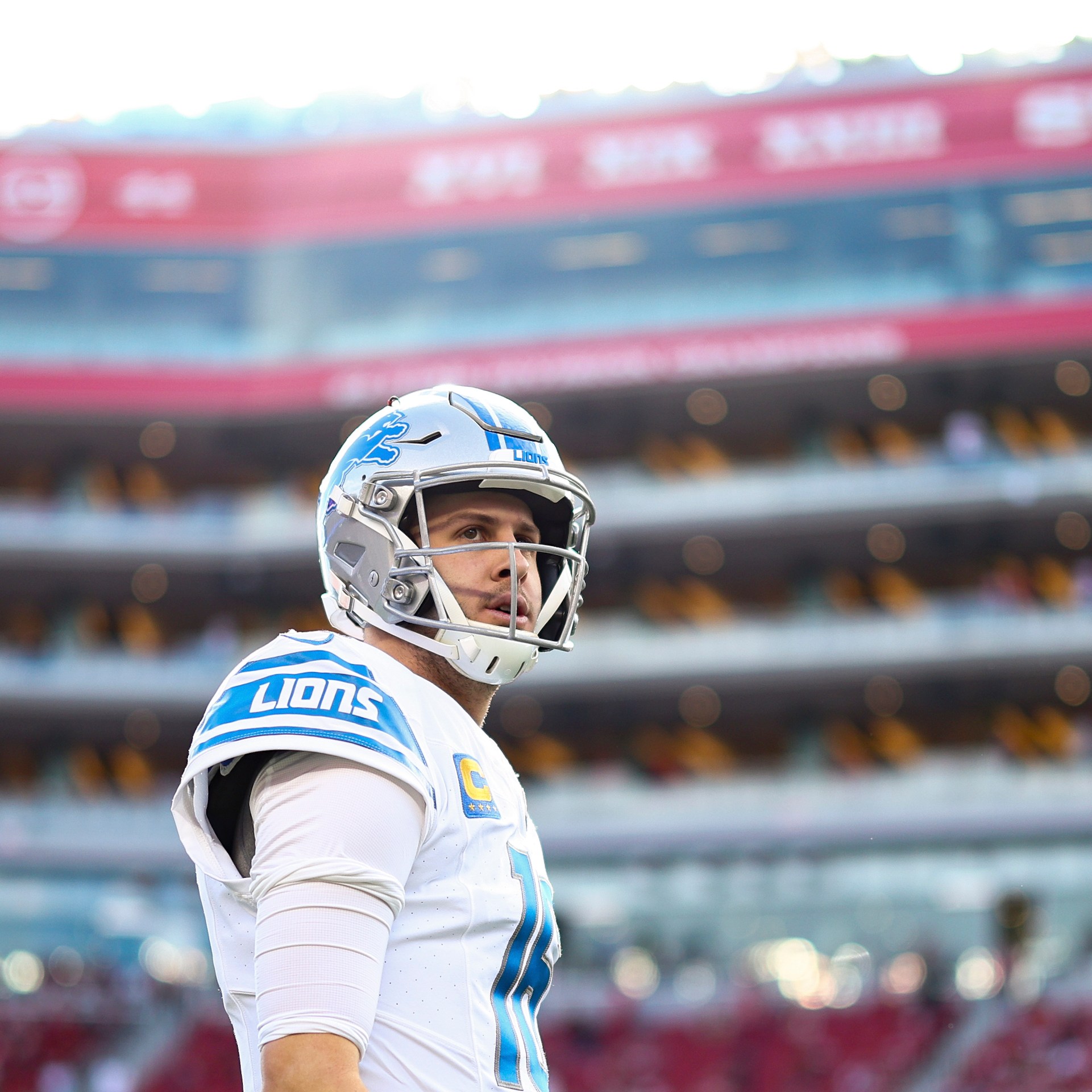 Jared Goff #16 of the Detroit Lions warms up prior to the NFC Championship NFL football game against the San Francisco 49ers at Levi's Stadium on January 28, 2024 in Santa Clara, California.