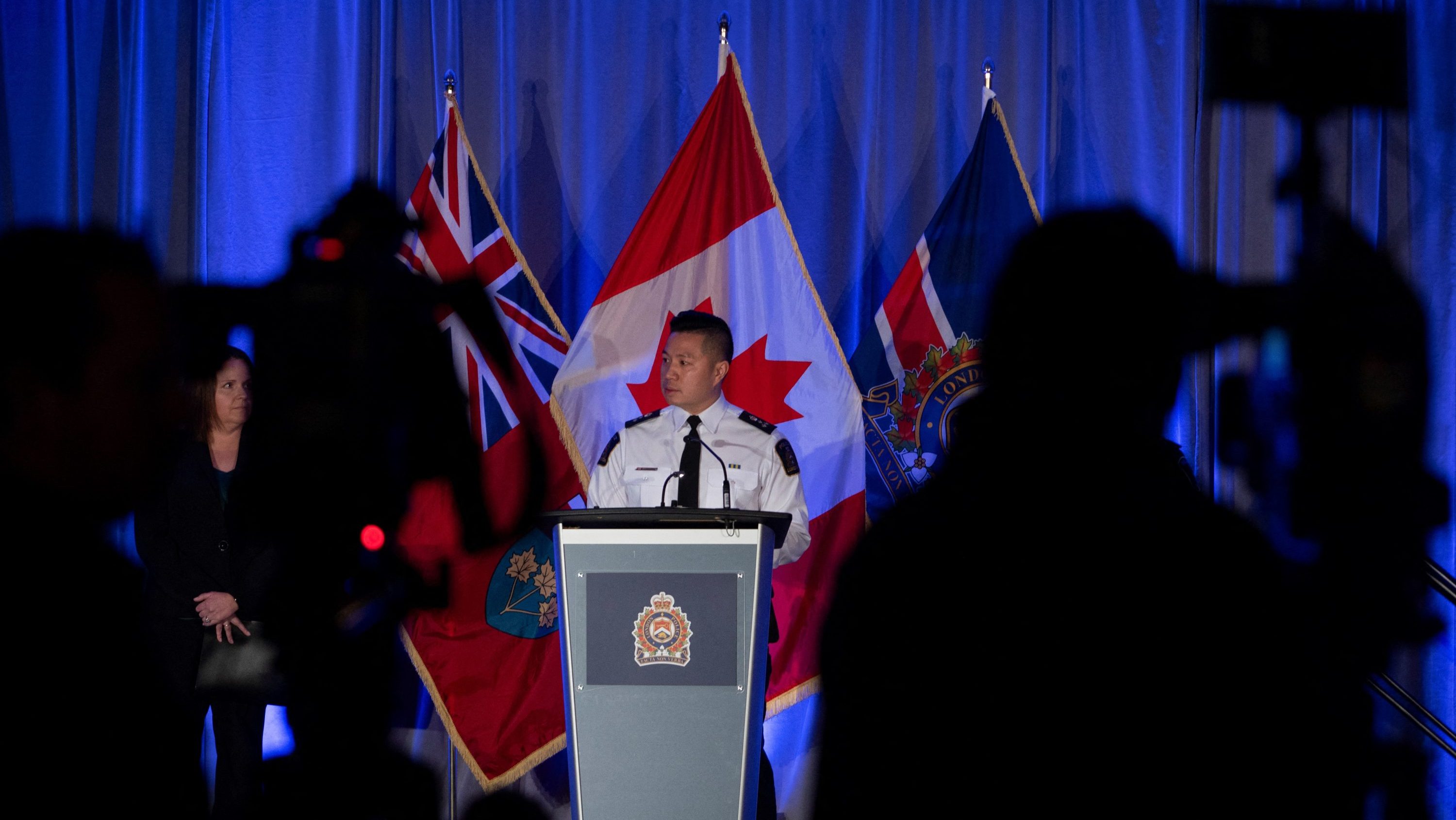 London Police Service Chief Thai Troung, center, and Detective Sgt. Katherine Dann of Sexual Assault and Child Abuse Section hold a press conference in London, Ontario, on February 5, 2024.