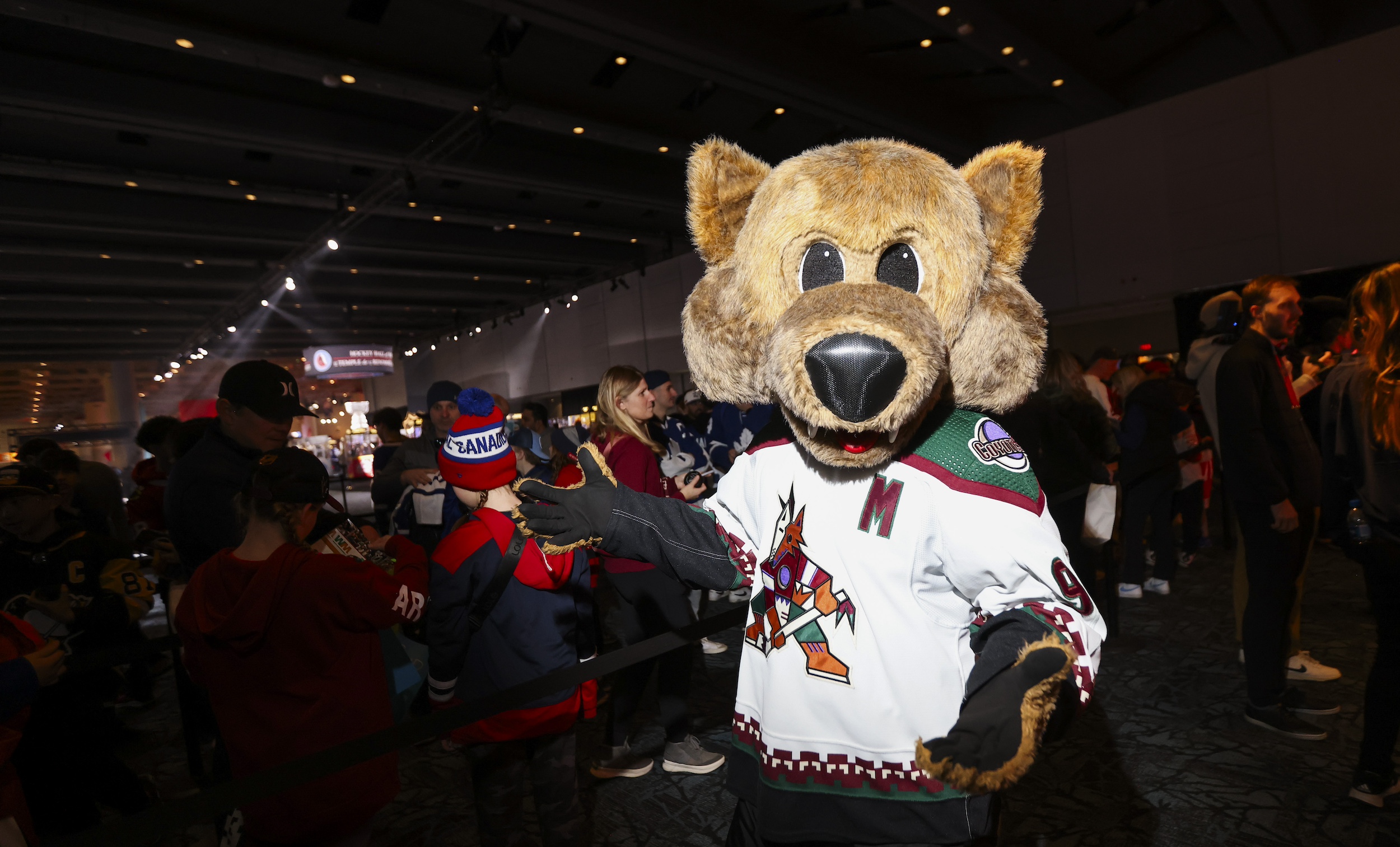 TORONTO, ONTARIO - FEBRUARY 02: Howler the Coyote of the Arizona Coyotes interacts with fans at the Mascot Skills Event at the 2024 Hyundai NHL All-Star Fan Fair at the Metro Toronto Convention Centre on February 02, 2024 in Toronto, Ontario, Canada. (Photo by Carlos Osorio/NHLI via Getty Images)