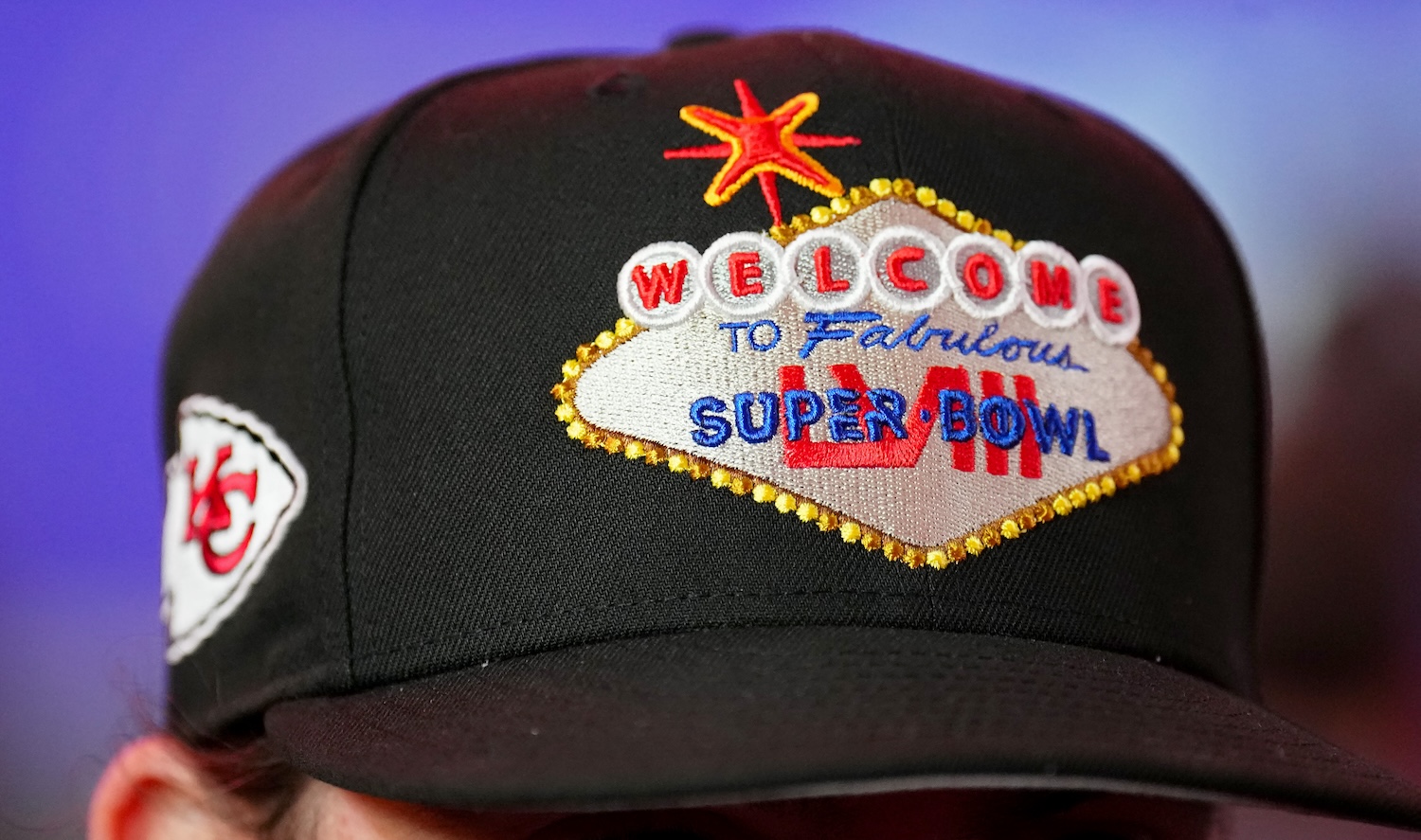A detail view of a hat with the Super Bowl logo during Super Bowl LVIII Opening Night at Allegiant Stadium on February 05, 2024 in Las Vegas, Nevada. (Photo by Chris Unger/Getty Images)