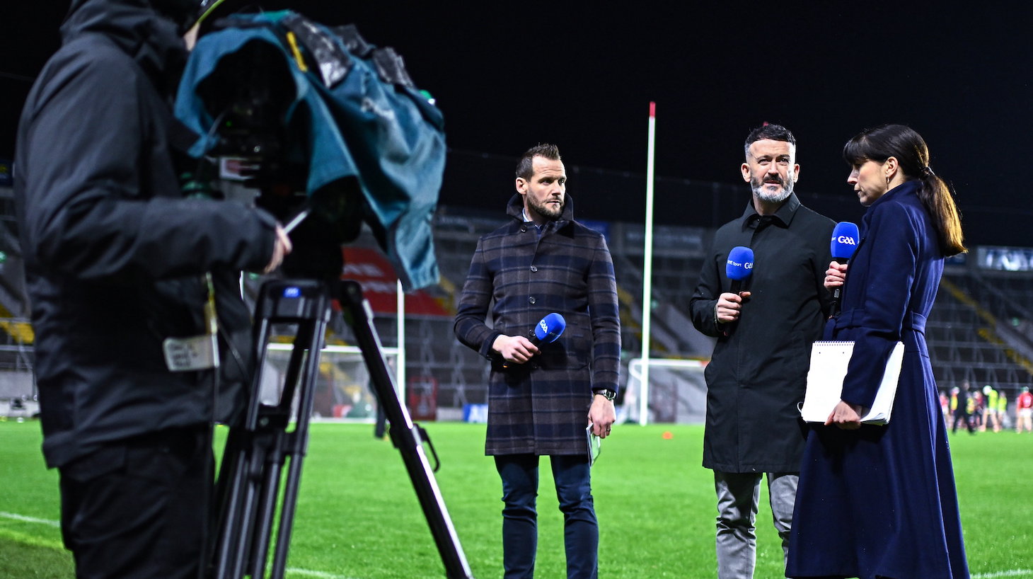 RTÉ analyst team, from left, Jackie Tyrell, Dónal Óg Cusack and Joanne Cantwell at half-time during the Allianz Hurling League Division 1 Group A match between Cork and Kilkenny at SuperValu Páirc Ui Chaoimh in Cork.