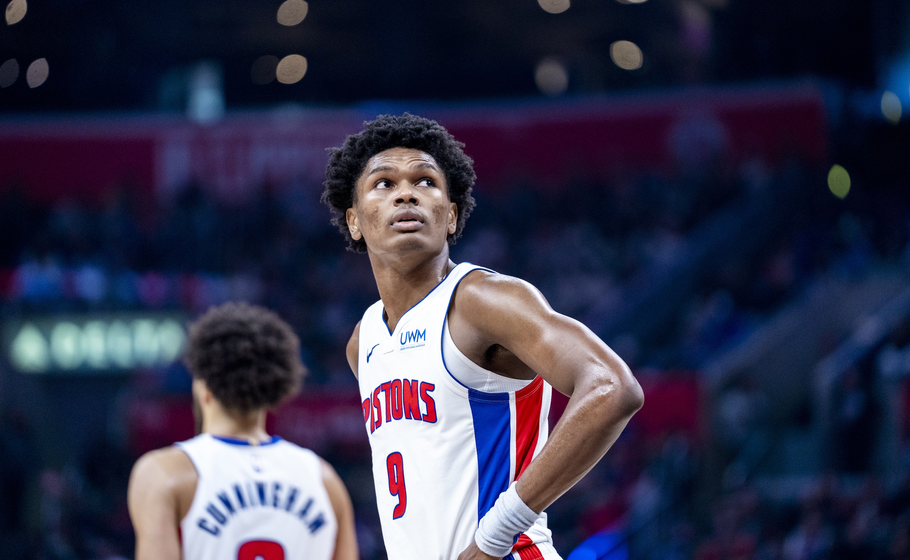 LOS ANGELES, CA - FEBRUARY 10: Ausar Thompson #9 of the Detroit Pistons looks on during the game on February 10, 2024 at Crypto.Com Arena in Los Angeles, California. NOTE TO USER: User expressly acknowledges and agrees that, by downloading and/or using this Photograph, user is consenting to the terms and conditions of the Getty Images License Agreement. Mandatory Copyright Notice: Copyright 2024 NBAE (Photo by Tyler Ross/NBAE via Getty Images)