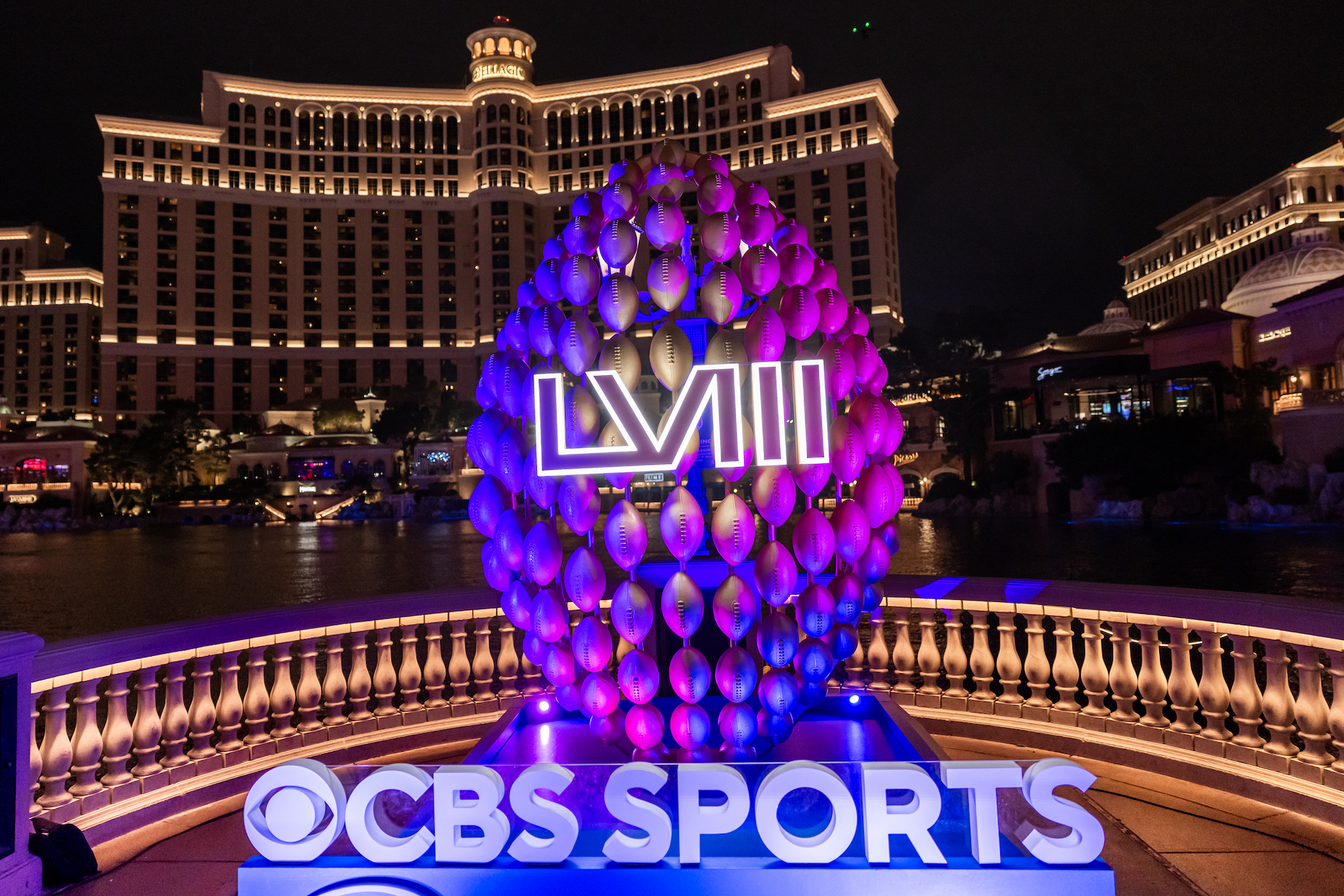 A display for CBS Sports Streaming on Paramount+ is shown in front of the Bellagio Hotel & Casino.