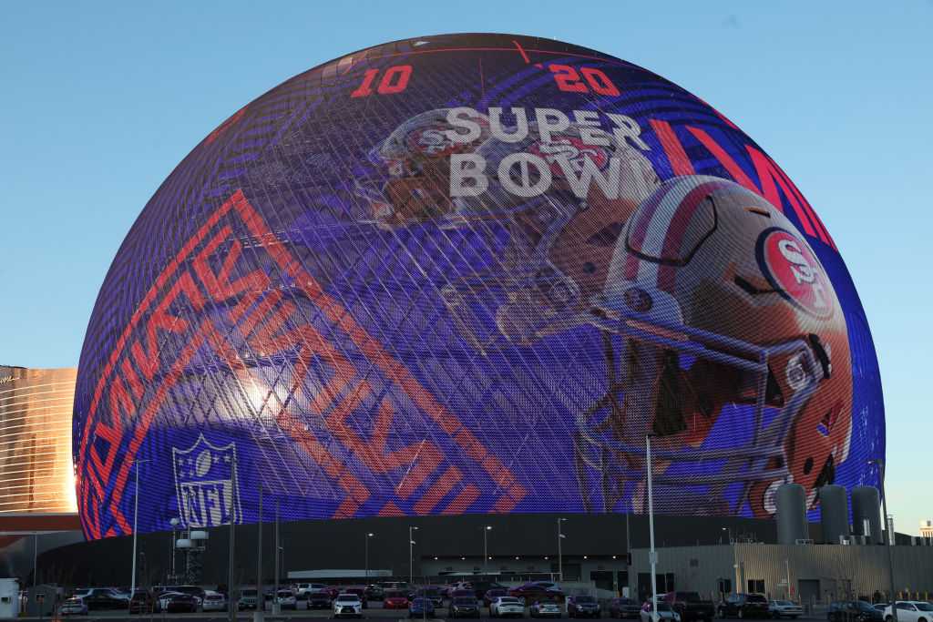 The Sphere on the Las Vegas Strip is seen displaying Super Bowl LVIII signage ahead of Super Bowl LVIII on February 08, 2024 in Las Vegas, Nevada.