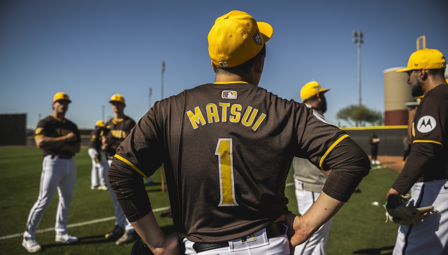 Yuki Matsui #1 of the San Diego Padres stands during the daily workout at Peoria Sports Complex on February 12, 2024 in Peoria, Arizona.