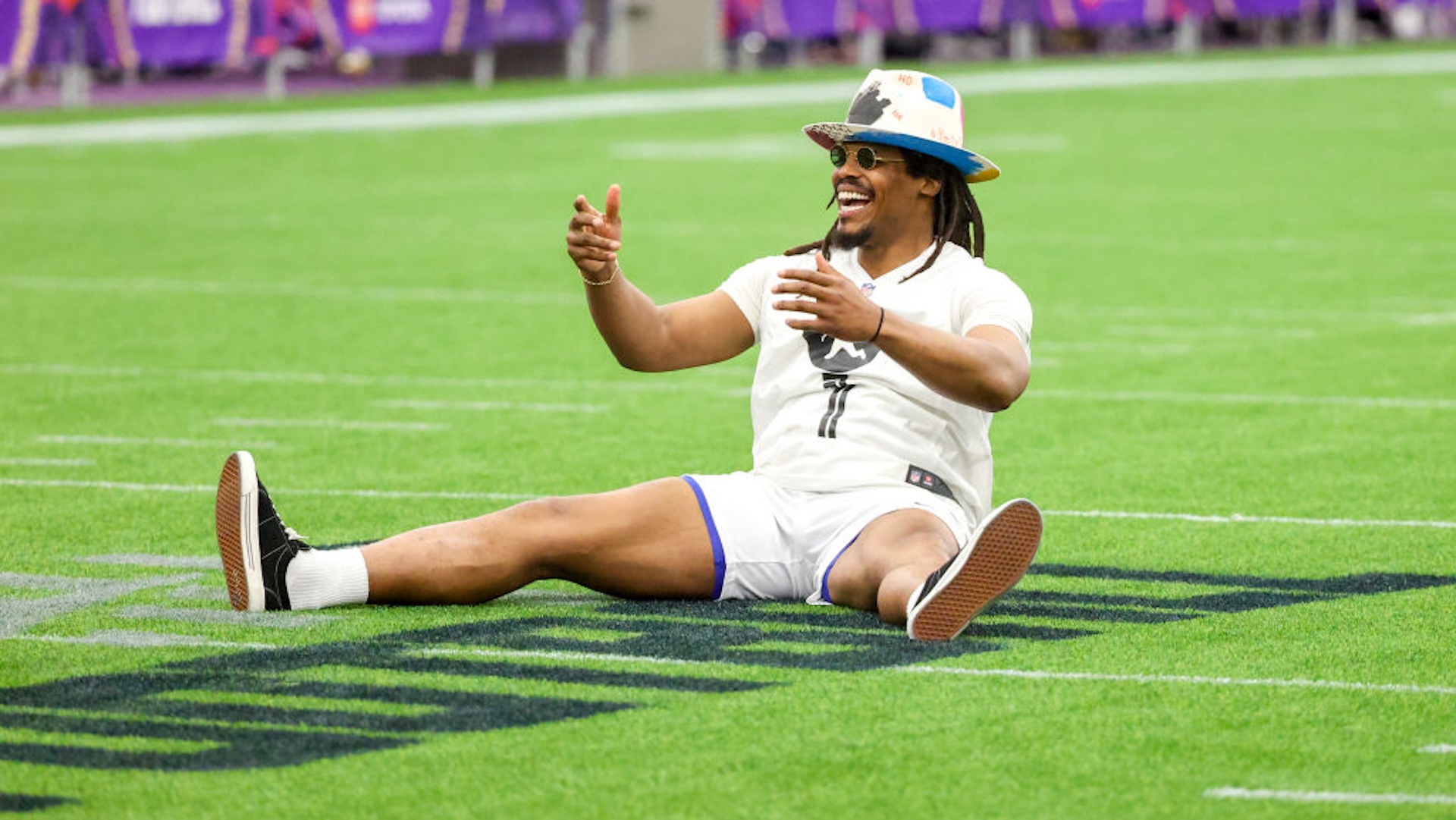 Former NFL quarterback Cam Newton reacts after a play during a celebrity flag football game at the Mandalay Bay Convention Center on February 09, 2024 in Las Vegas, Nevada.