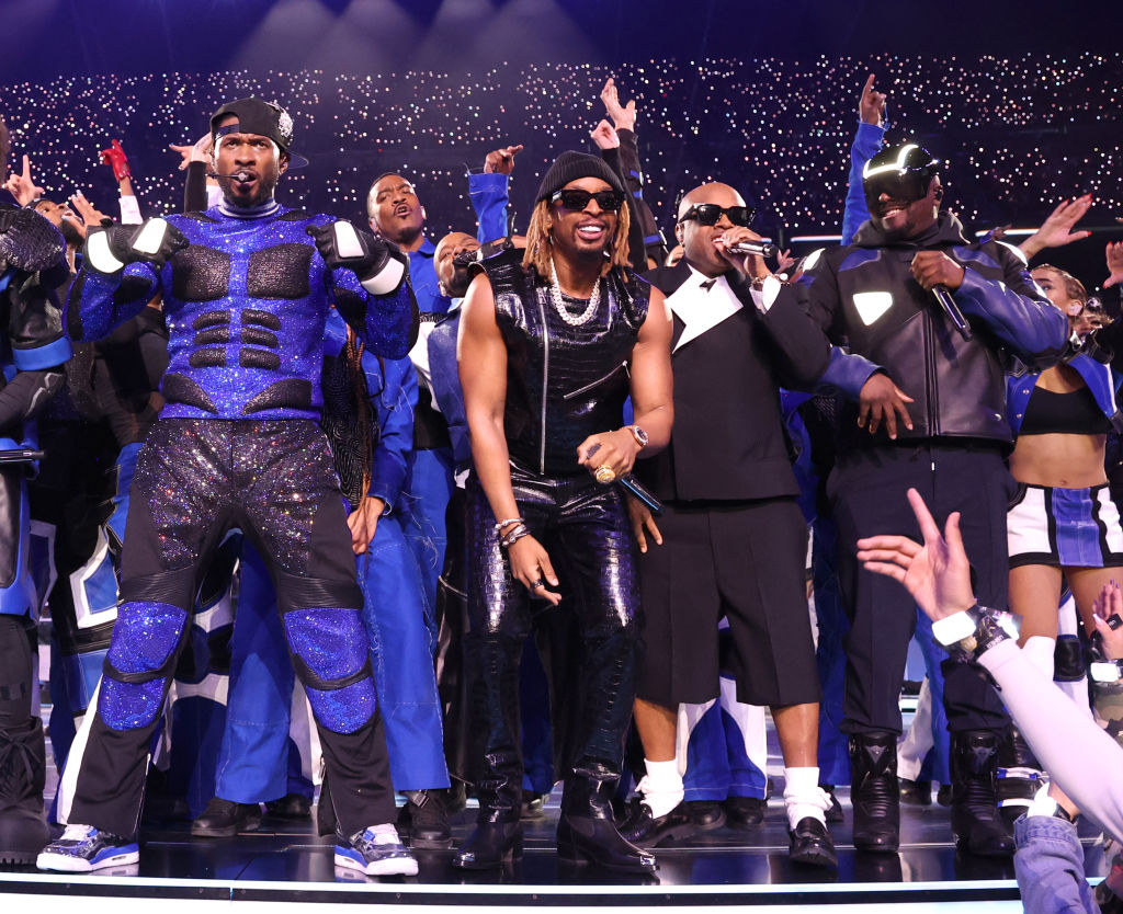 Usher, Lil Jon, Jermaine Dupri and will.i.am perform onstage during the Apple Music Super Bowl LVIII Halftime Show in Las Vegas at Allegiant Stadium