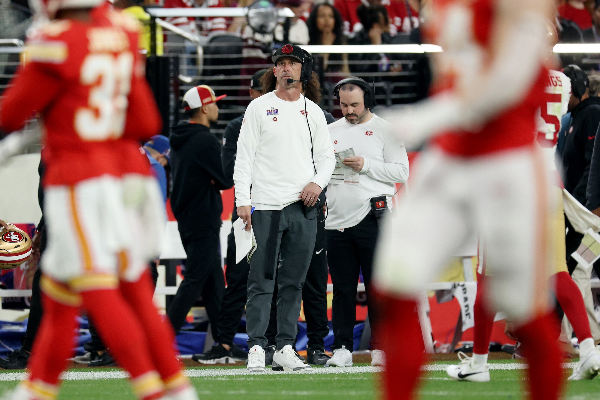 LAS VEGAS, NEVADA - FEBRUARY 11: Head coach Kyle Shanahan of the San Francisco 49ers looks on during the fourth quarter during Super Bowl LVIII at Allegiant Stadium on February 11, 2024 in Las Vegas, Nevada. (Photo by Jamie Squire/Getty Images)